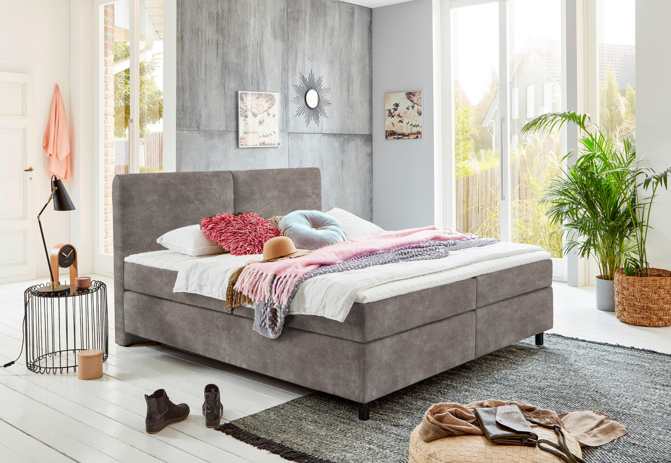 BOXSPRINGBETT 180/200 cm  in Hellgrau  - Hellgrau/Schwarz, Konventionell, Kunststoff/Textil (180/200cm) - Hom`in