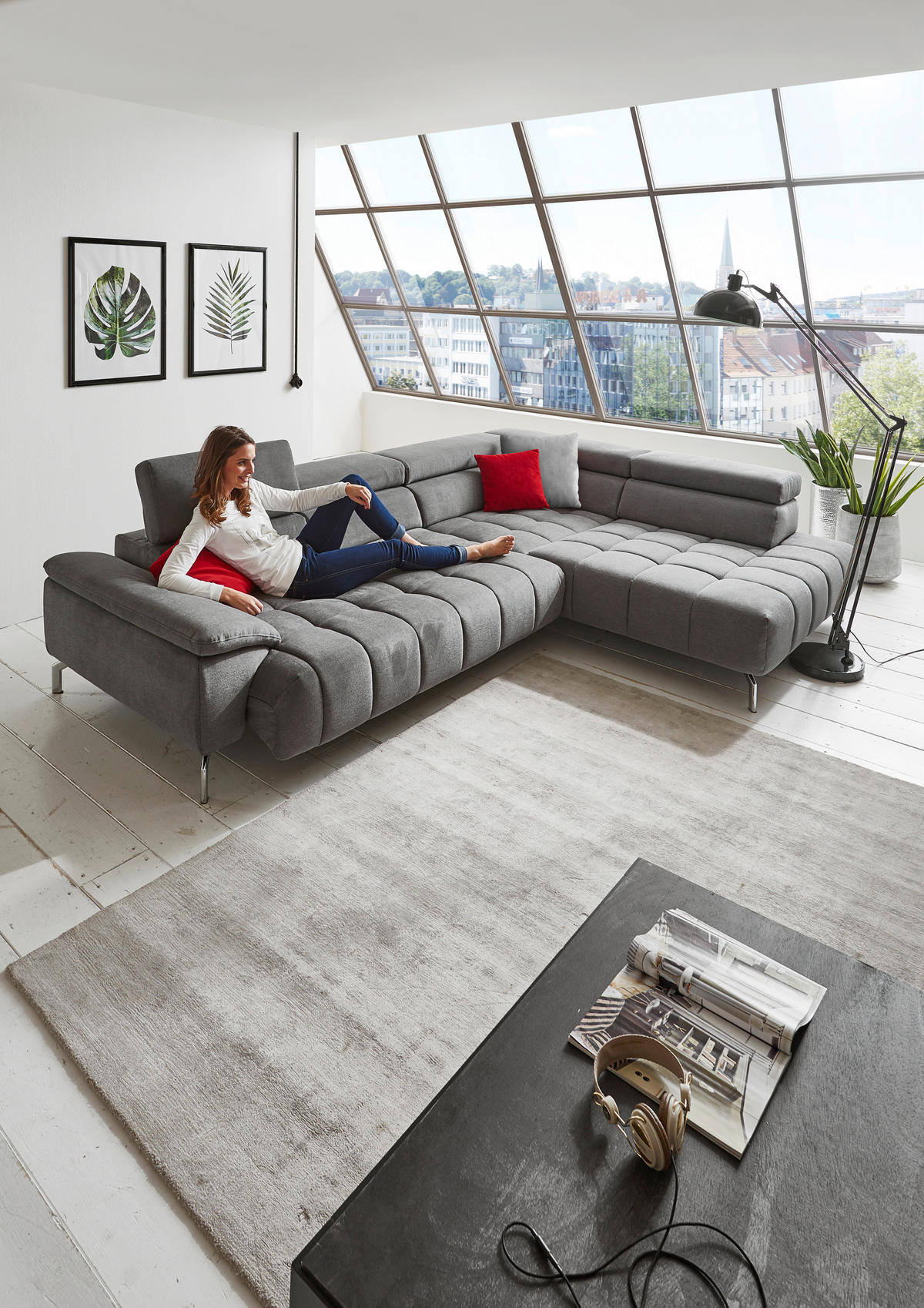 ECKSOFA Grau Chenille  - Chromfarben/Grau, Design, Textil/Metall (323/222cm) - Beldomo Style