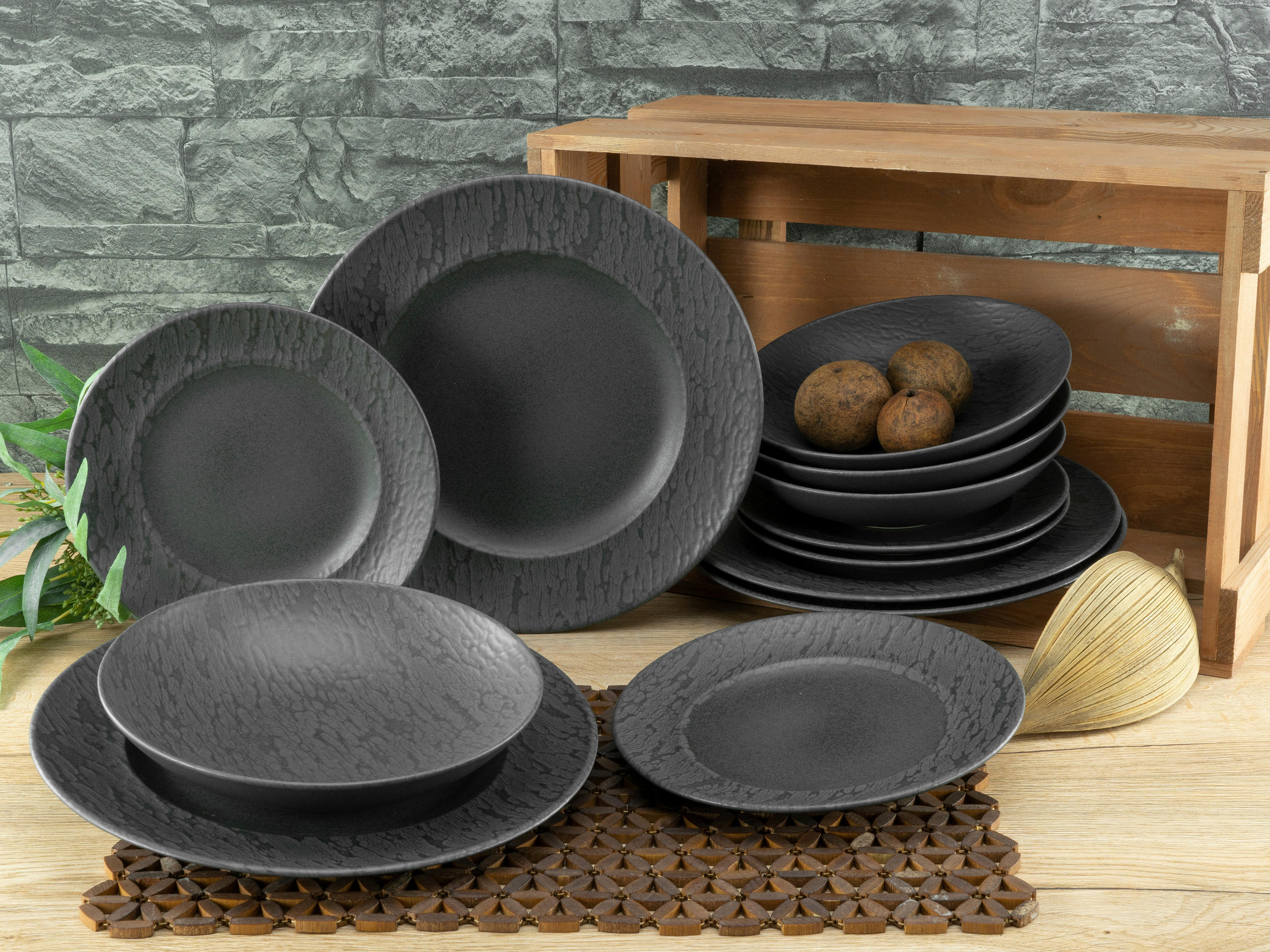 TAFELSERVICE Schwarz 12-teilig  - Schwarz, MODERN, Keramik (43/40/37cm) - Creatable