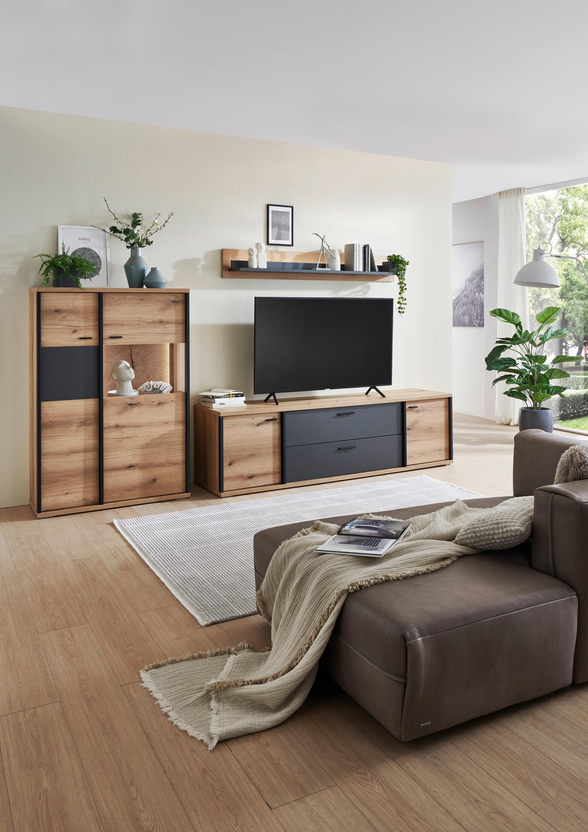 WOHNWAND  Schwarz, Eichefarben, Dunkelgrau 312/179/50 cm  - Eichefarben/Dunkelgrau, Konventionell, Glas/Holzwerkstoff (312/179/50cm) - Xora