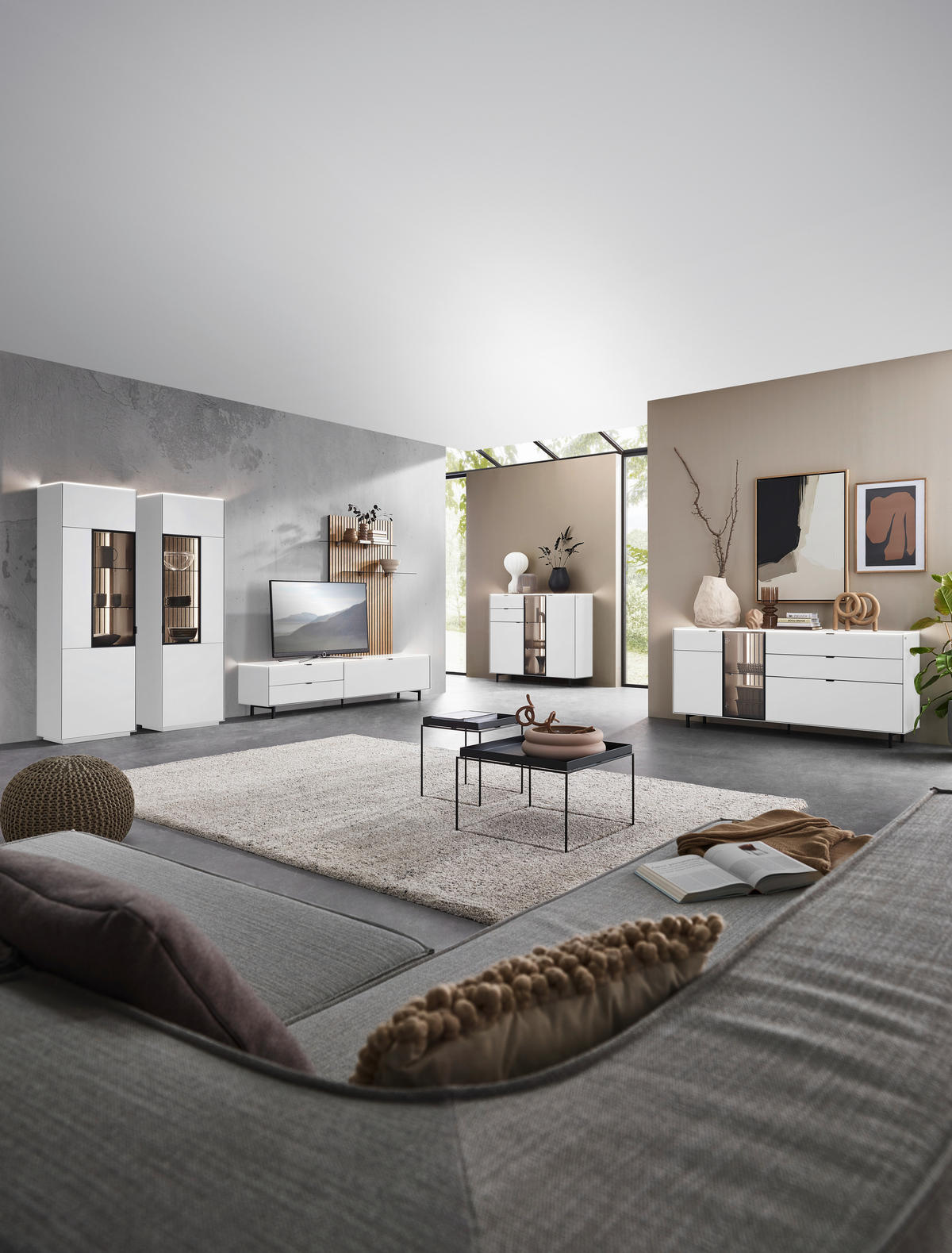 WOHNWAND  in Naturfarben, Weiss 216/149/46 cm  - Weiss/Naturfarben, Design, Glas/Holzwerkstoff (216/149/46cm) - Dieter Knoll