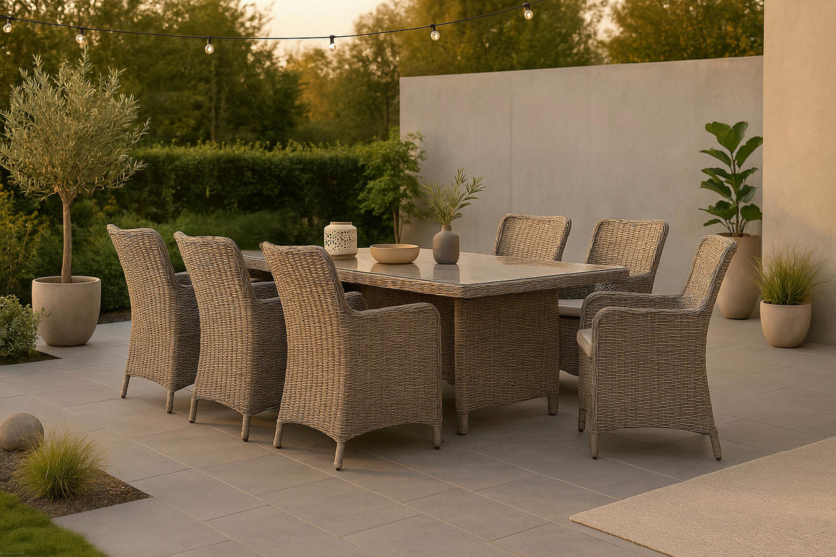 GARTENTISCHGRUPPE Stahl  - Beige, MODERN, Glas/Kunststoff (200/100/75cm) - Gardenson