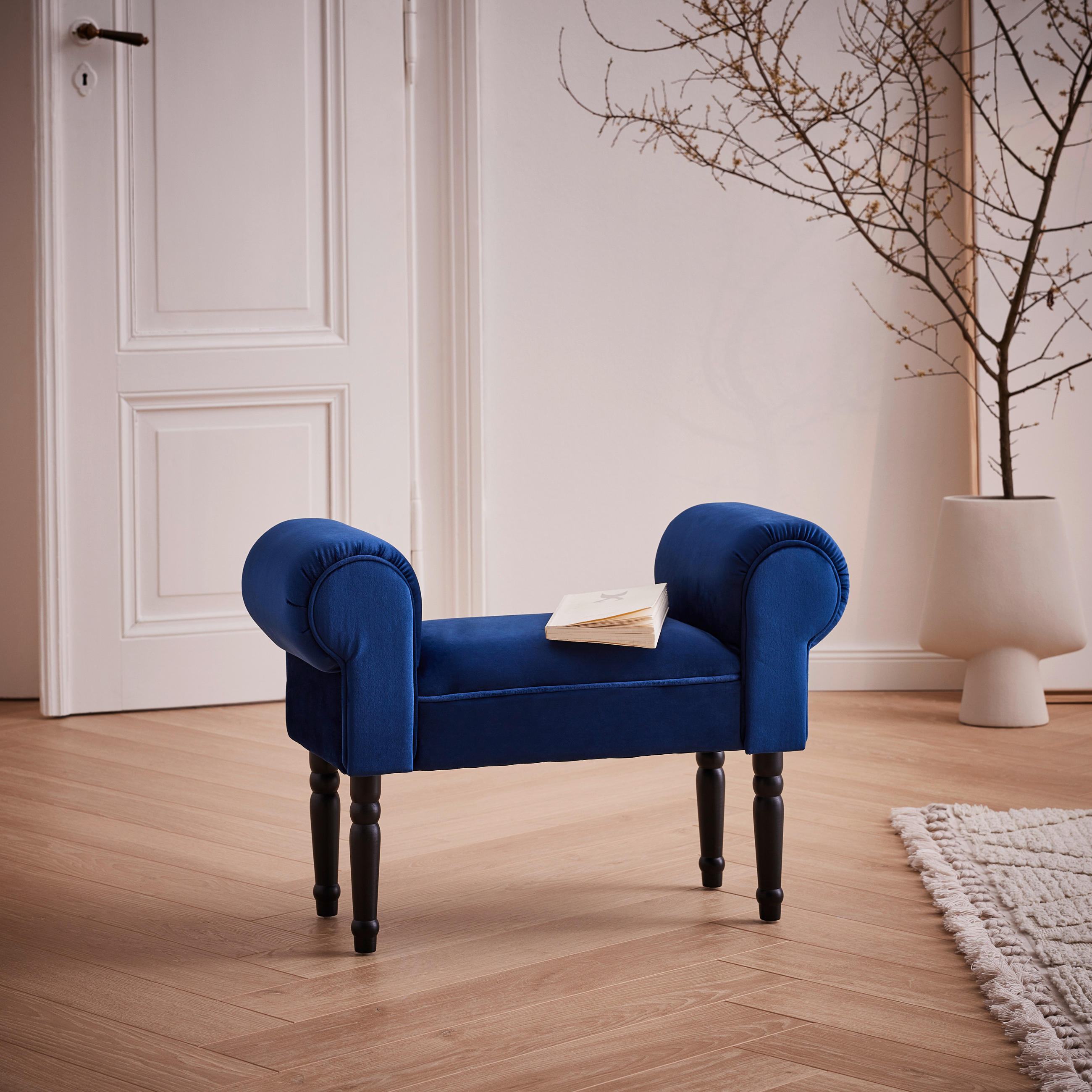 HOCKER Samt Kiefer Blau, Schwarz - Blau/Schwarz, Trend, Holz/Textil (76/54/30cm) - Xora