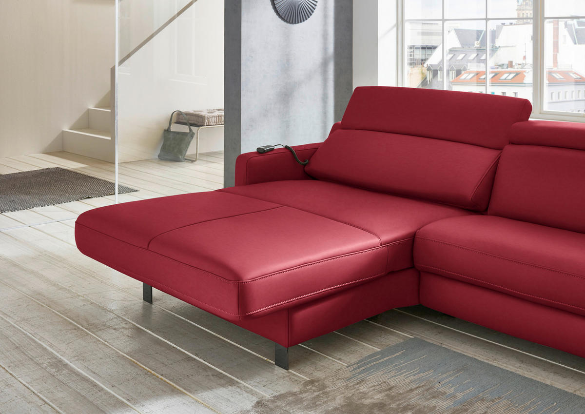 ECKSOFA in Echtleder Rot  - Rot/Schwarz, Design, Leder/Metall (176/291cm) - Valdera