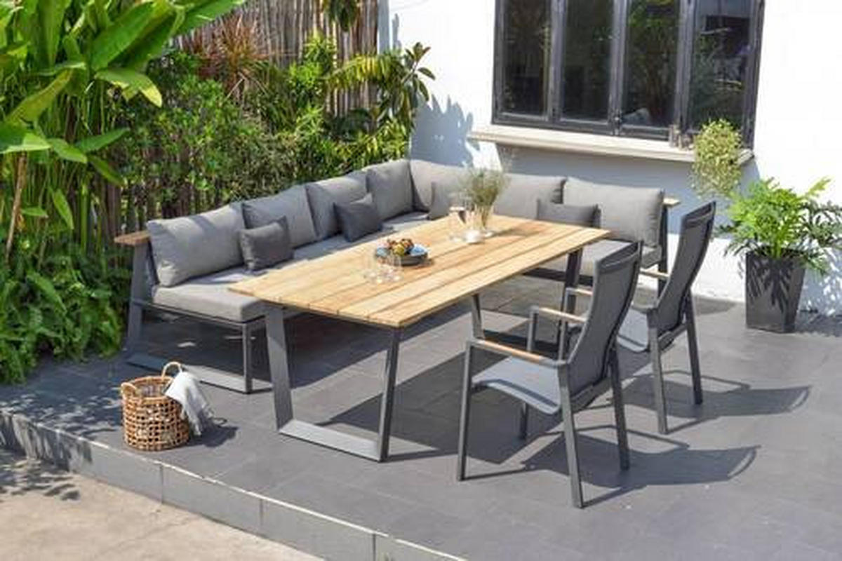 GARTENBANK 201/85/89 cm  in Anthrazit, Dunkelgrau, Beige, Teakfarben  - Dunkelgrau/Anthrazit, Design, Holz/Textil (201/85/89cm) - Amatio