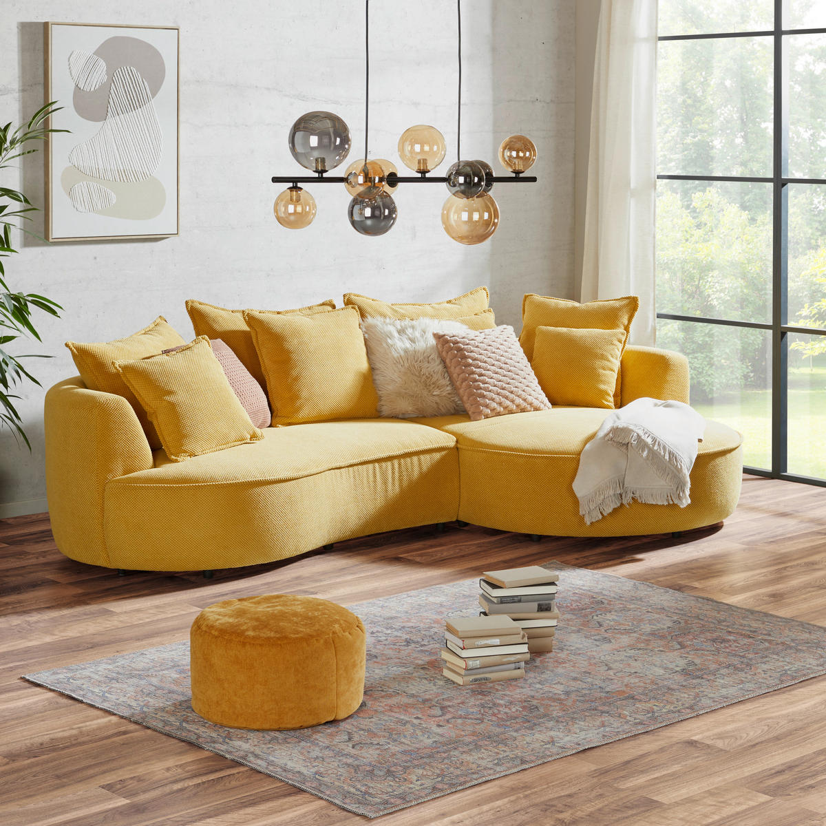 ECKSOFA in Velours, Struktur Senfgelb  - Senfgelb/Schwarz, Modern, Kunststoff/Textil (287/168cm) - Livetastic