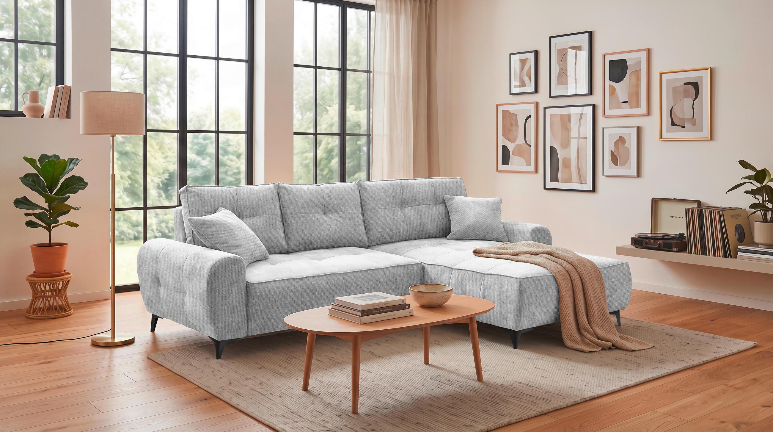 ECKSOFA ELISA Silberfarben Webstoff Bettkasten  - Silberfarben/Schwarz, MODERN, Kunststoff/Textil (284/191cm) - MID.YOU