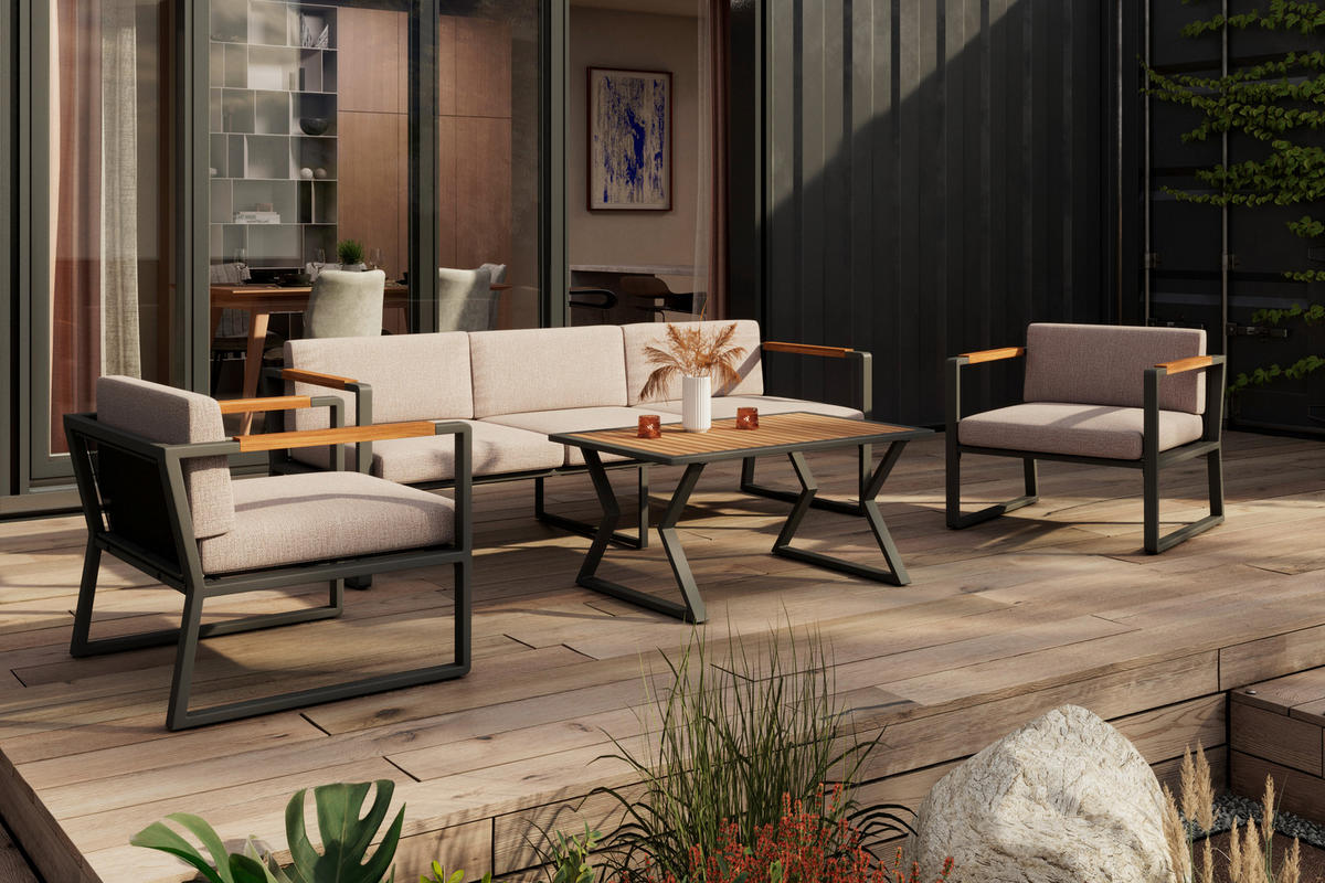 LOUNGEGARNITUR 4-teilig    - Dunkelgrau/Beige, Modern, Holz/Metall (206l) - Ambia Garden