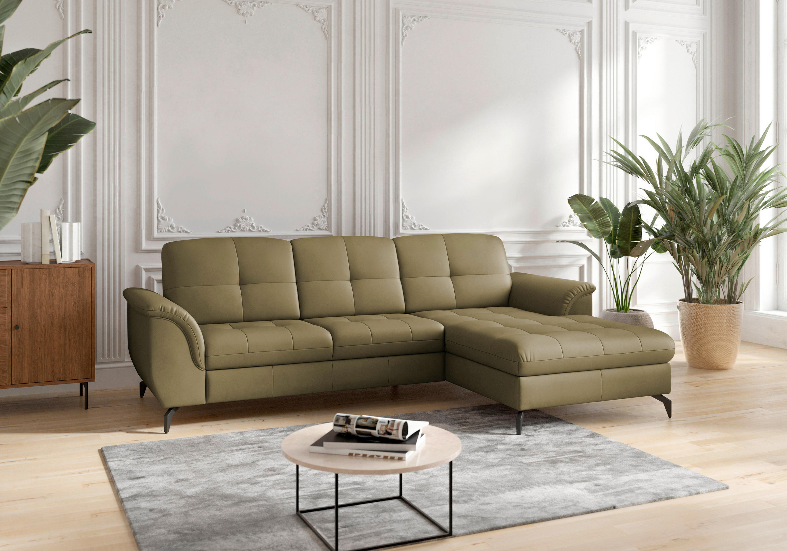ECKSOFA ZORA E Olivgrün Echtleder  - Schwarz/Olivgrün, MODERN, Leder/Metall (262/164cm) - Sit & More