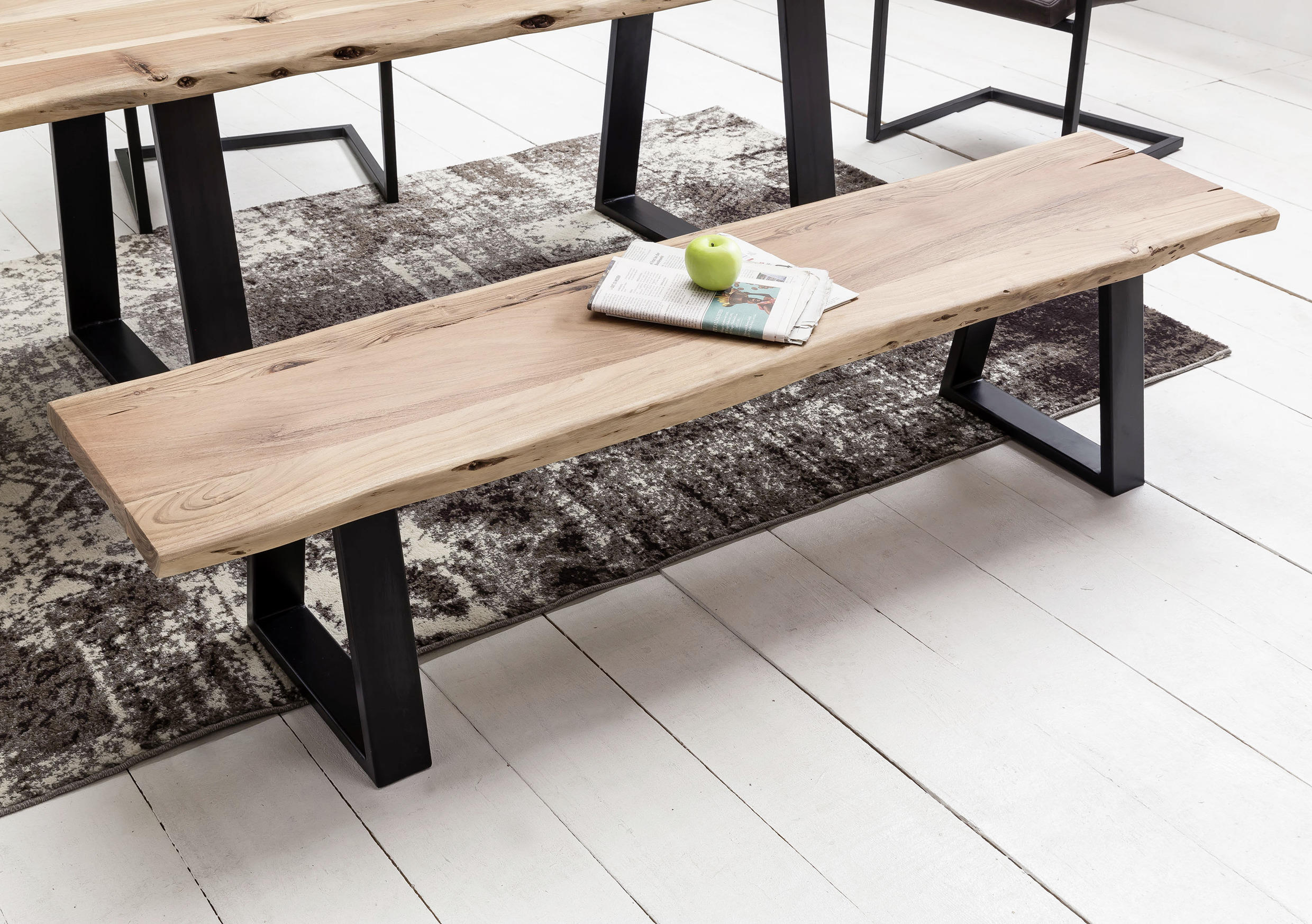 SITZBANK 160/45/40 cm Akaziefarben Akazie massiv Metall  - Schwarz/Akaziefarben, Design, Holz/Metall (160/45/40cm) - MID.YOU