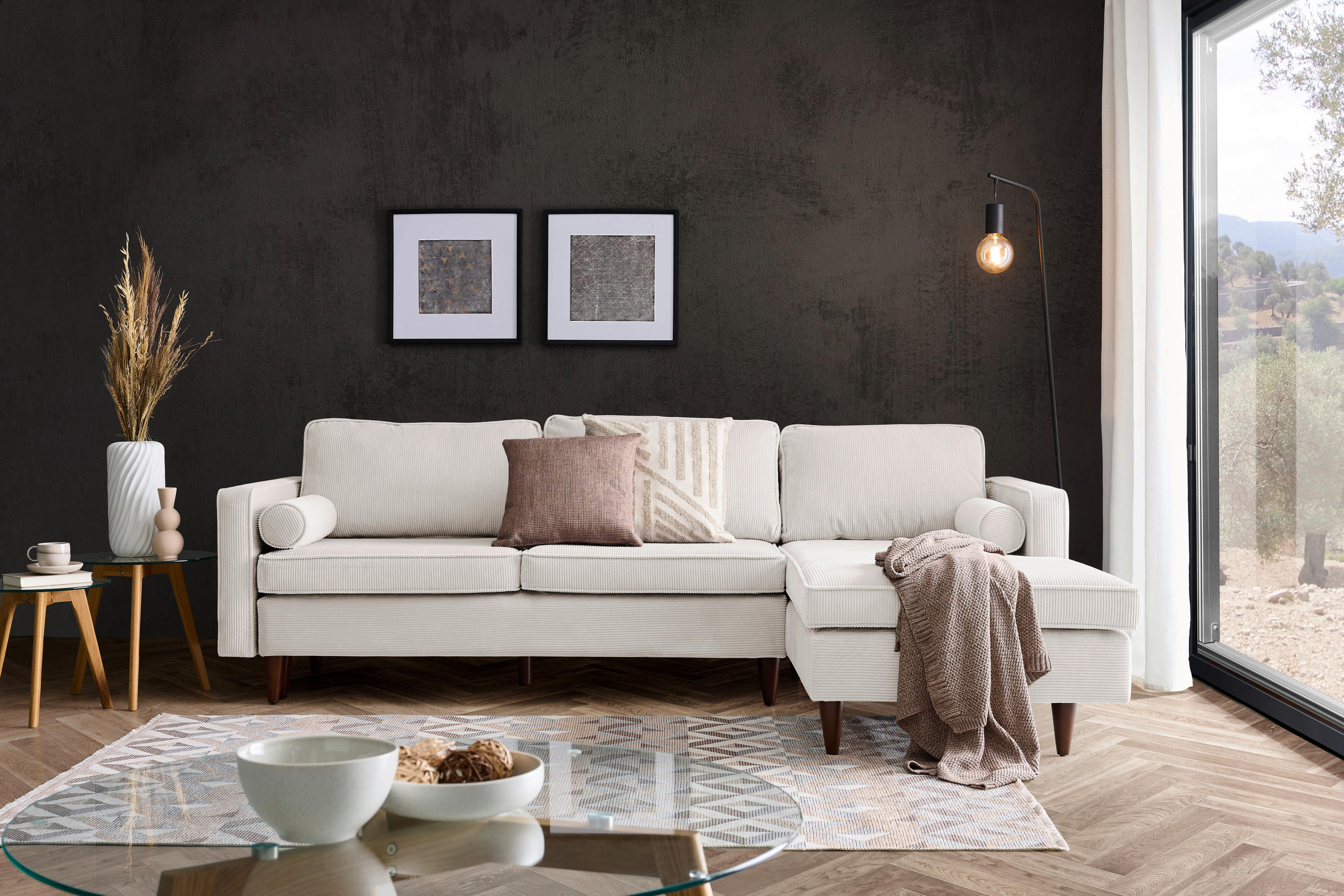 ECKSOFA in Cord Creme  261/178 cm  - Eichefarben/Creme, MODERN, Holz/Textil (261/178cm) - Carryhome