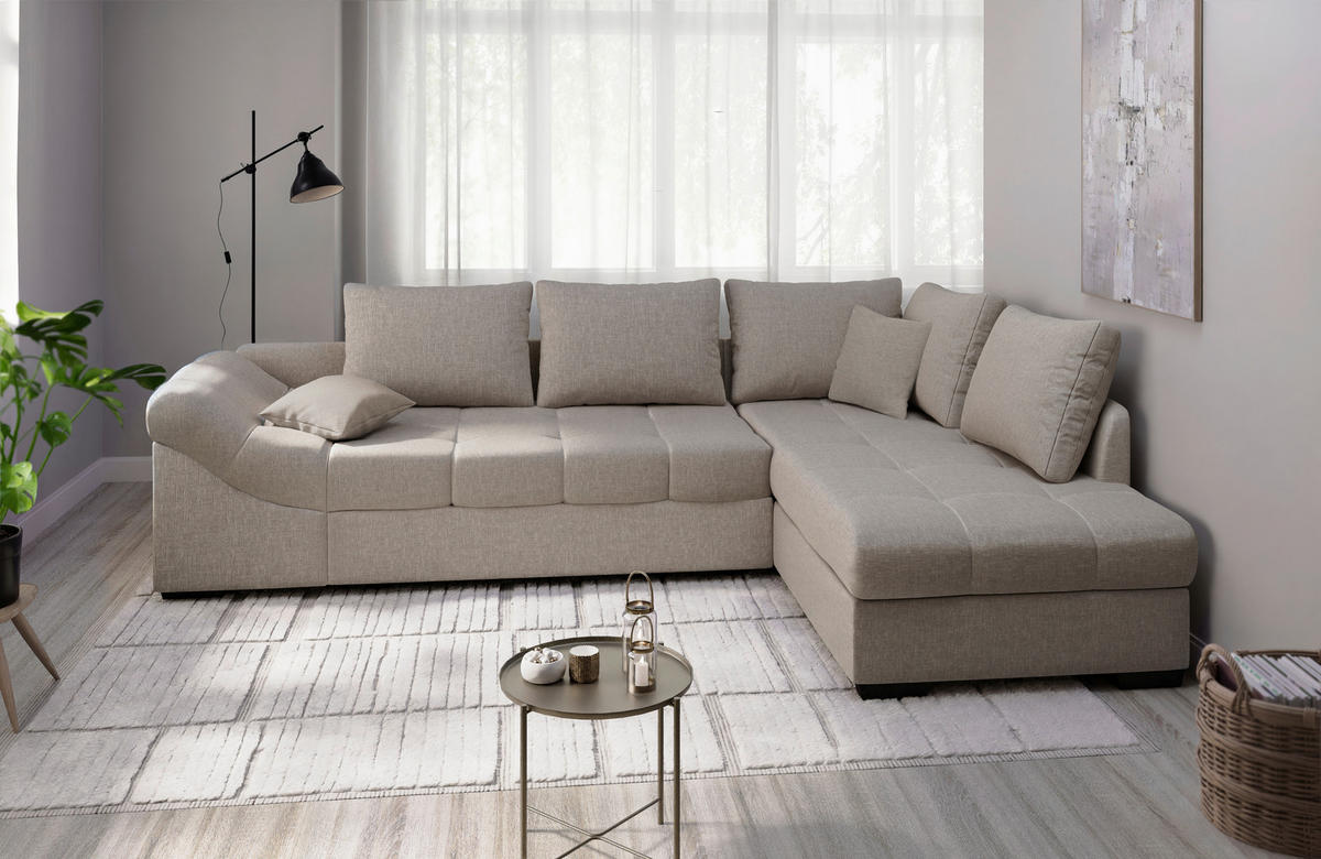 ECKSCHLAFSOFA in Taupe Textil   - Taupe/Schwarz, Modern, Holz/Textil (298cm) - MID.YOU