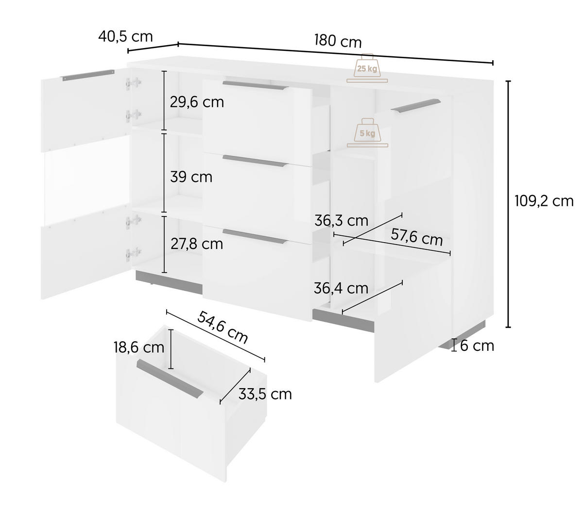 HIGHBOARD Tuluza 180/109,2/40,5 cm 3 Schublade(n)  - Weiss Hochglanz/Weiss, Design, Glas/Holzwerkstoff (180/109,2/40,5cm) - MID.YOU