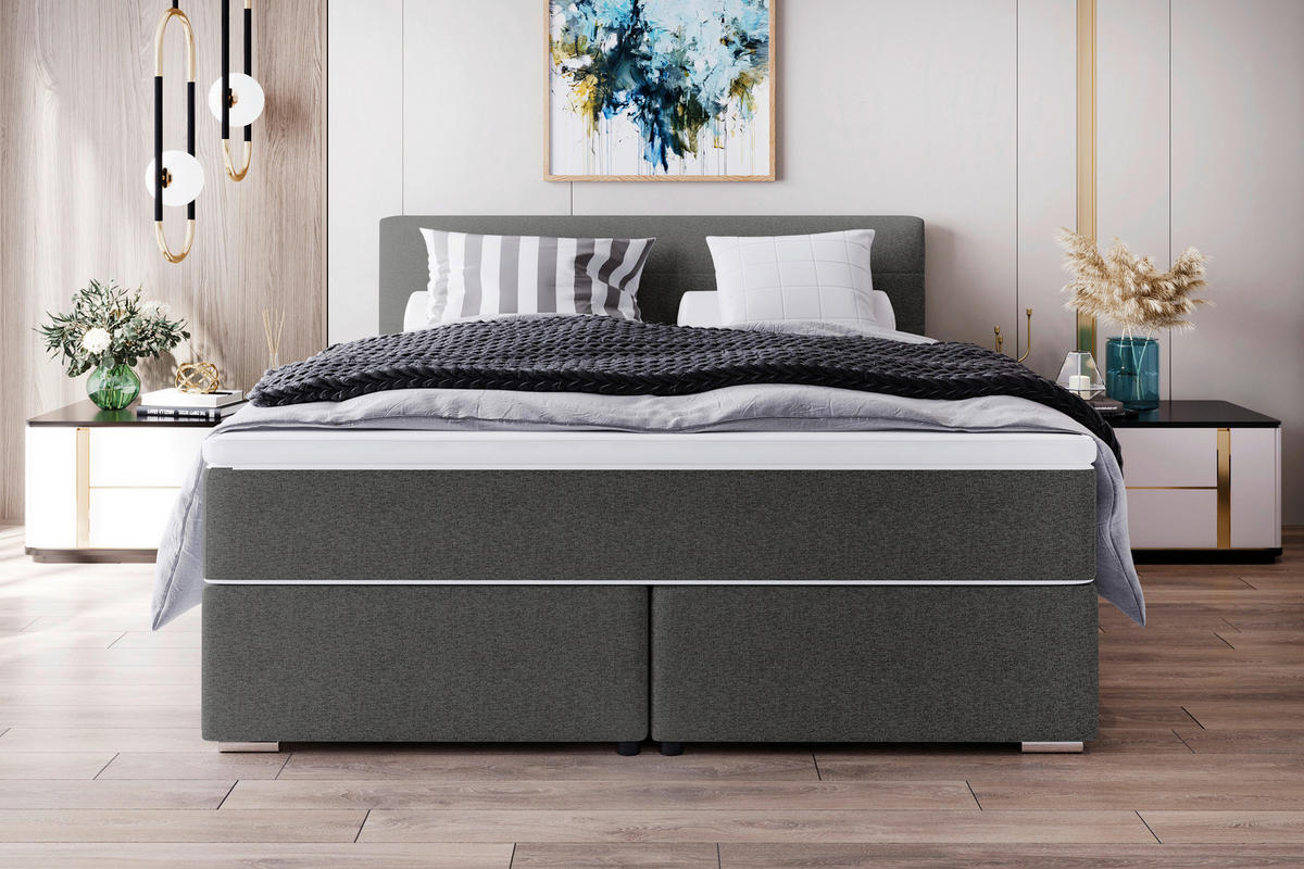 BOXSPRINGBETT 200/200 cm,  in Anthrazit, Topper, Matratzen, H3 = fest  - Chromfarben/Anthrazit, KONVENTIONELL, Kunststoff/Textil (200/200cm) - Boxxx