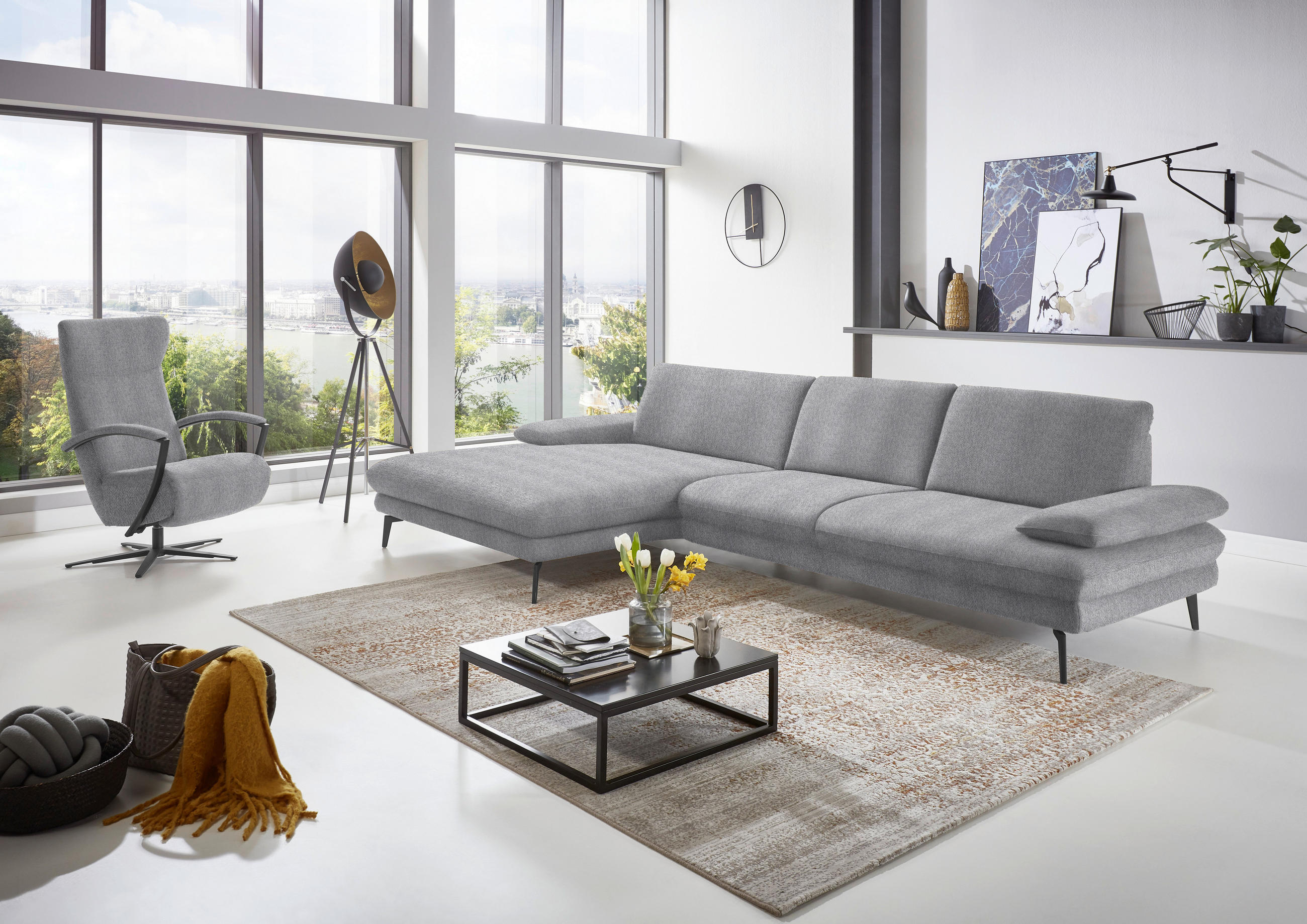 ECKSOFA in Chenille Hellgrau  180/310 cm  - Hellgrau/Schwarz, Design, Textil/Metall (180/310cm) - Dieter Knoll