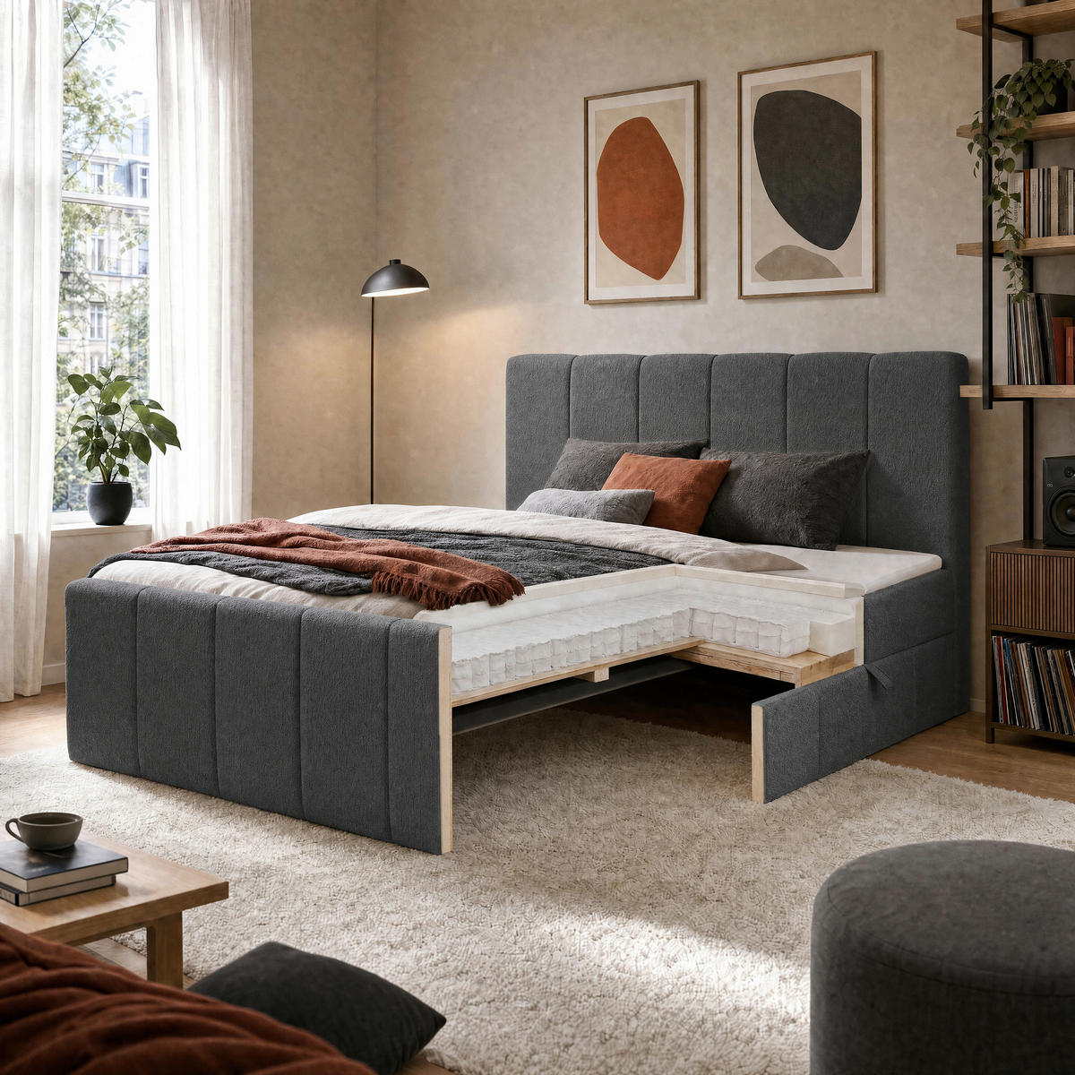 BOXBETT 180/200 cm,  in Anthrazit, gepolstertes Kopfteil, Bettkasten, Topper, Matratzen, H3 + H3 = fest  - Anthrazit/Schwarz, Basics, Kunststoff/Textil (180/200cm) - Chameo