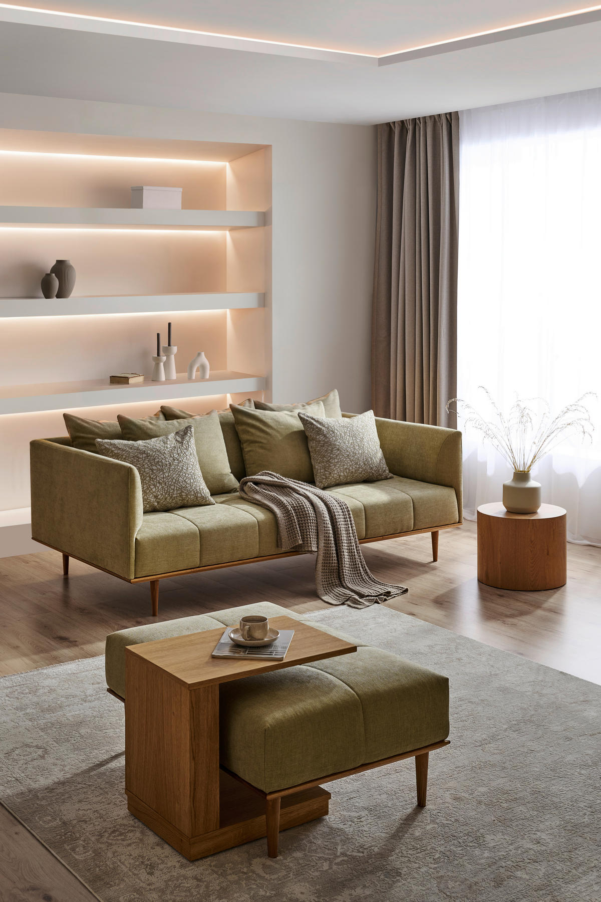 BIGSOFA  in Flachgewebe Grün  - Eichefarben/Grün, Design, Holz/Textil (220/77/120cm) - Joka