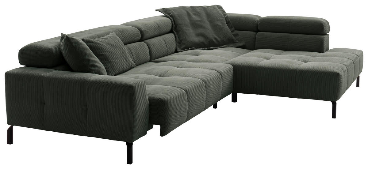 CANAPÉ D'ANGLE in Feincord Olivgrün  - Schwarz/Olivgrün, Konventionell, Textil/Metall (311/219cm) - Hom`in