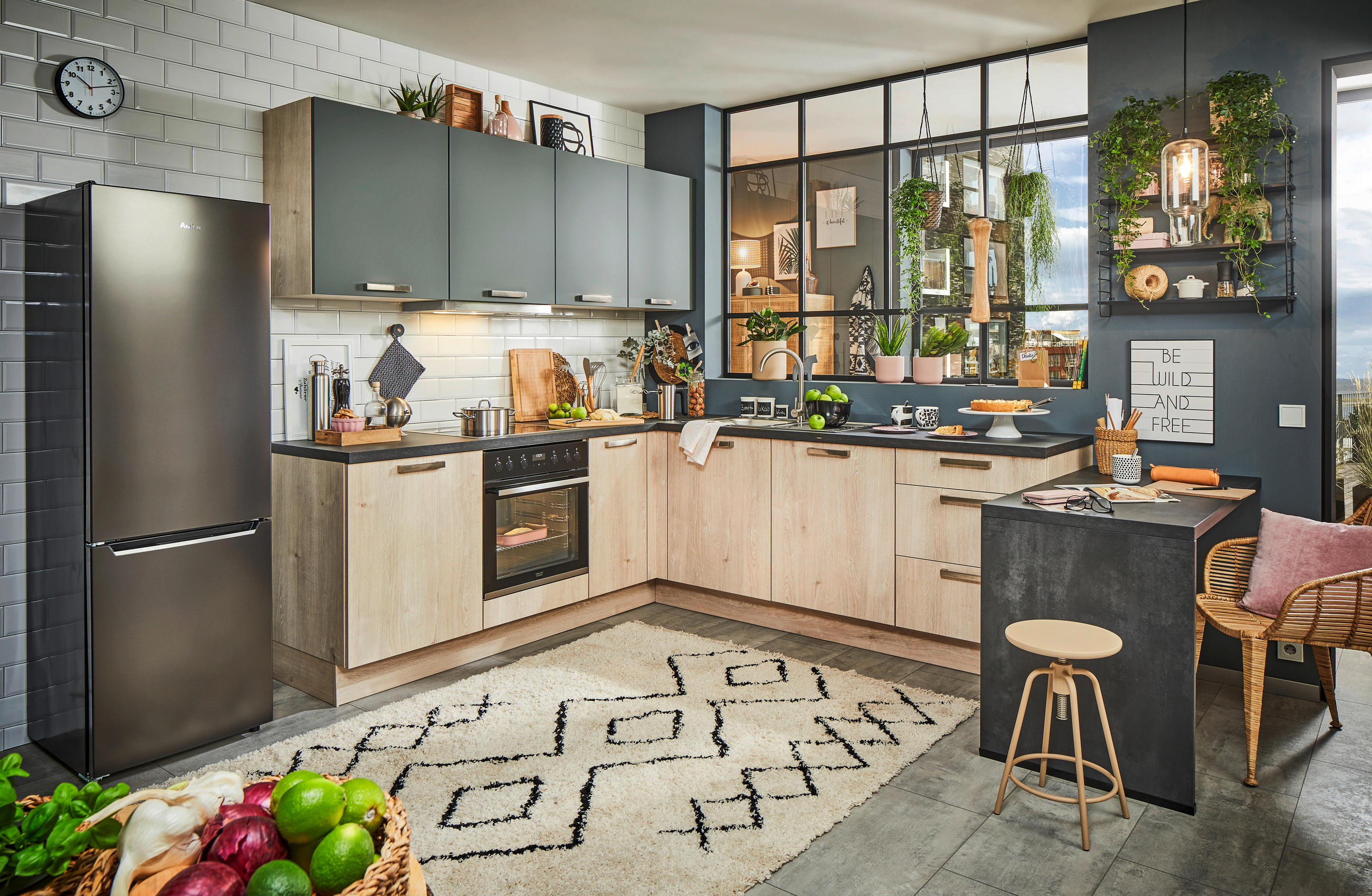EINBAUKÜCHE   - Dunkelgrün/Eichefarben, Design, Holzwerkstoff - Celina