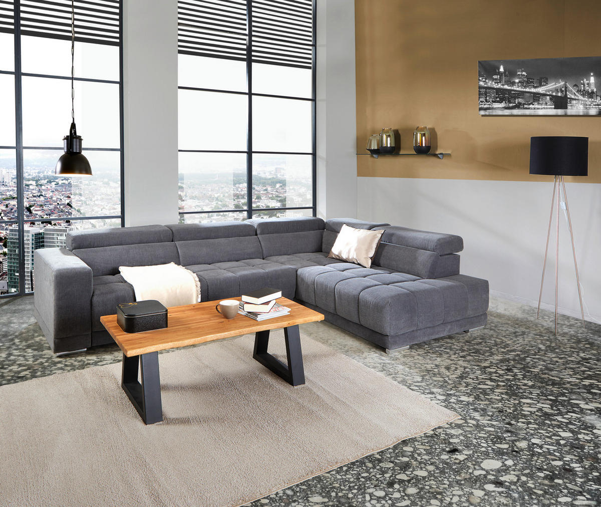 Wohnlandschaft "Hogan" , in Webstoff Grau  - Silberfarben/Grau, Modern, Holz/Textil (299/212cm) - Livetastic