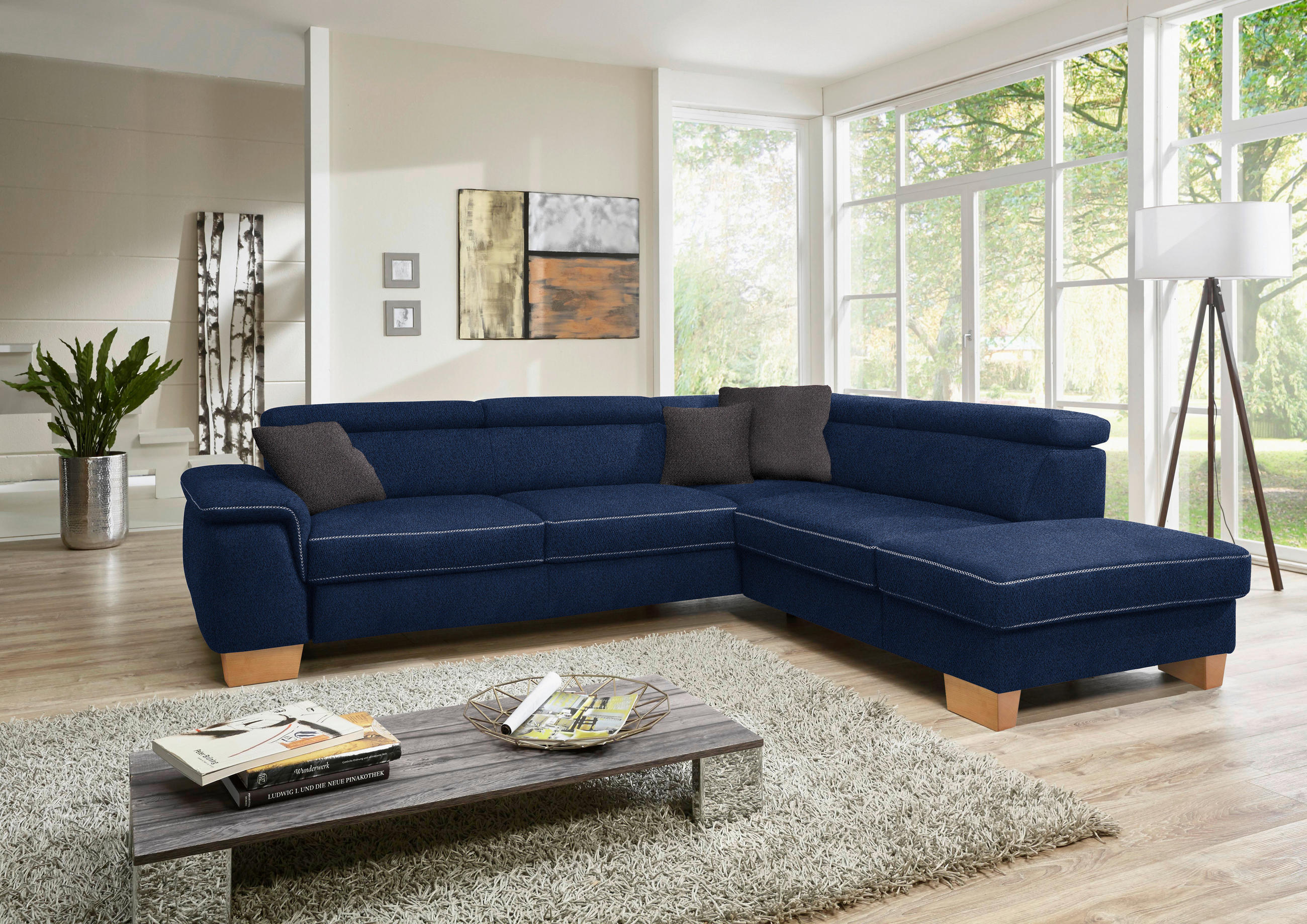 ECKSOFA in Mikrofaser Dunkelblau  273/226 cm  - Eichefarben/Beige, Natur, Holz/Textil (273/226cm) - Beldomo System