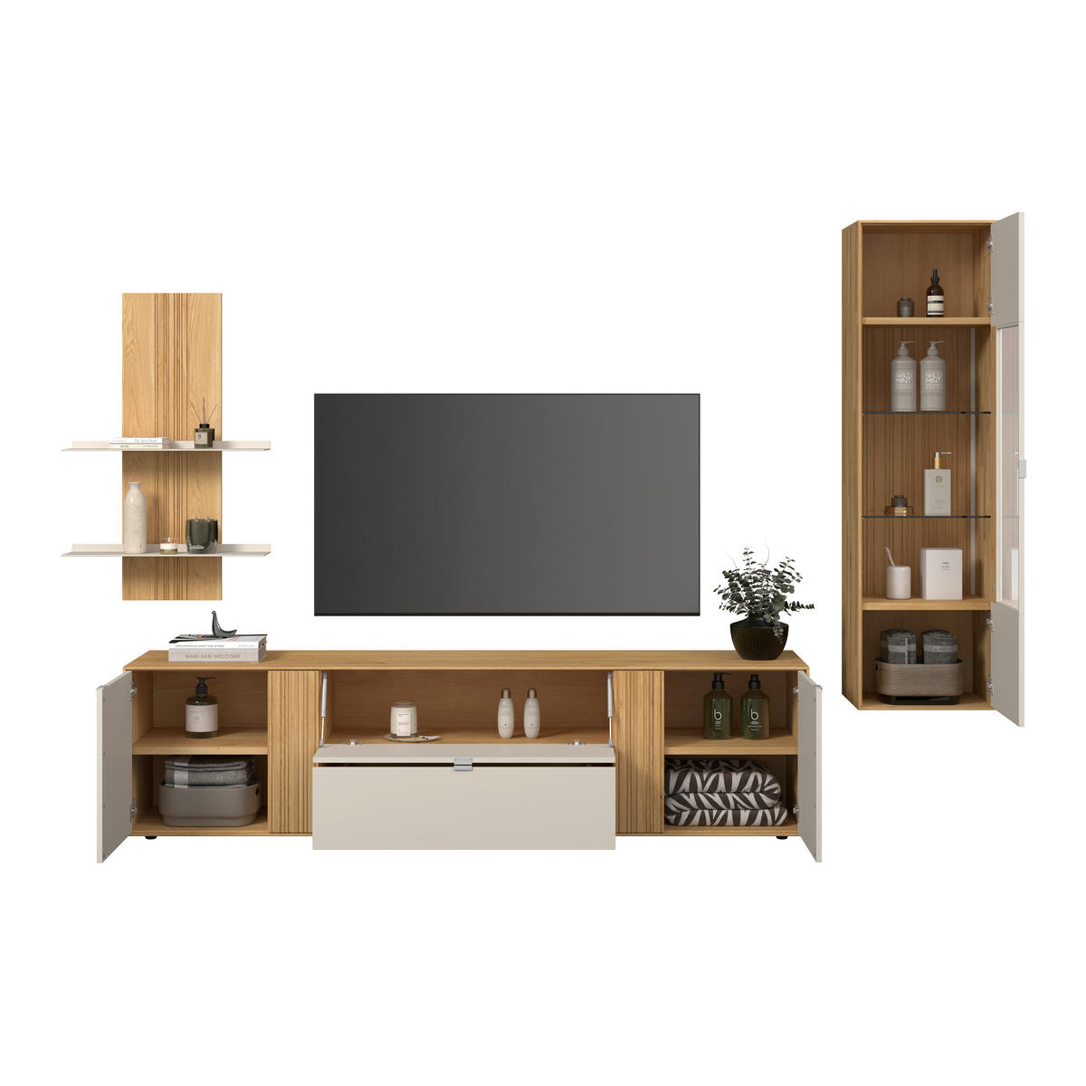 WOHNWAND  Kaschmir, Wildeiche 306,3/203,5/45,2 cm    - Kaschmir/Wildeiche, Design, Glas/Holz (306,3/203,5/45,2cm) - Dieter Knoll
