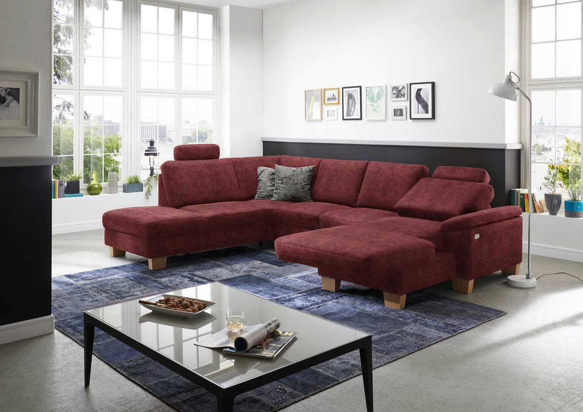 WOHNLANDSCHAFT in Velours Weinrot  - Eichefarben/Weinrot, Konventionell, Holz/Textil (235/316/167cm) - Beldomo System