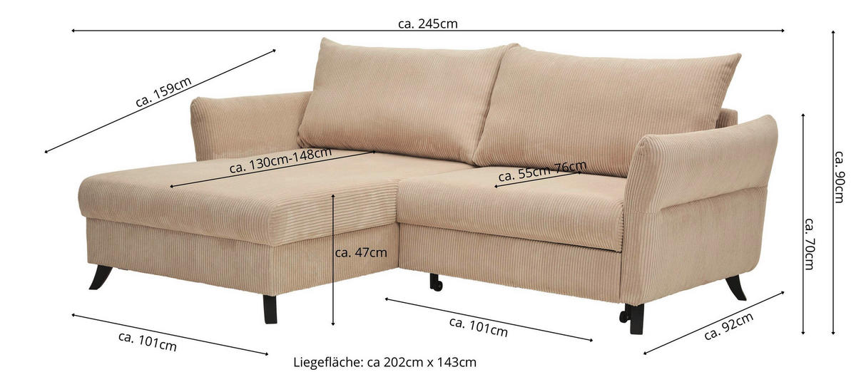 ECKSOFA in Cord Schwarz  - Schwarz, Romantik / Landhaus, Holz/Textil (245/159cm) - Stylife