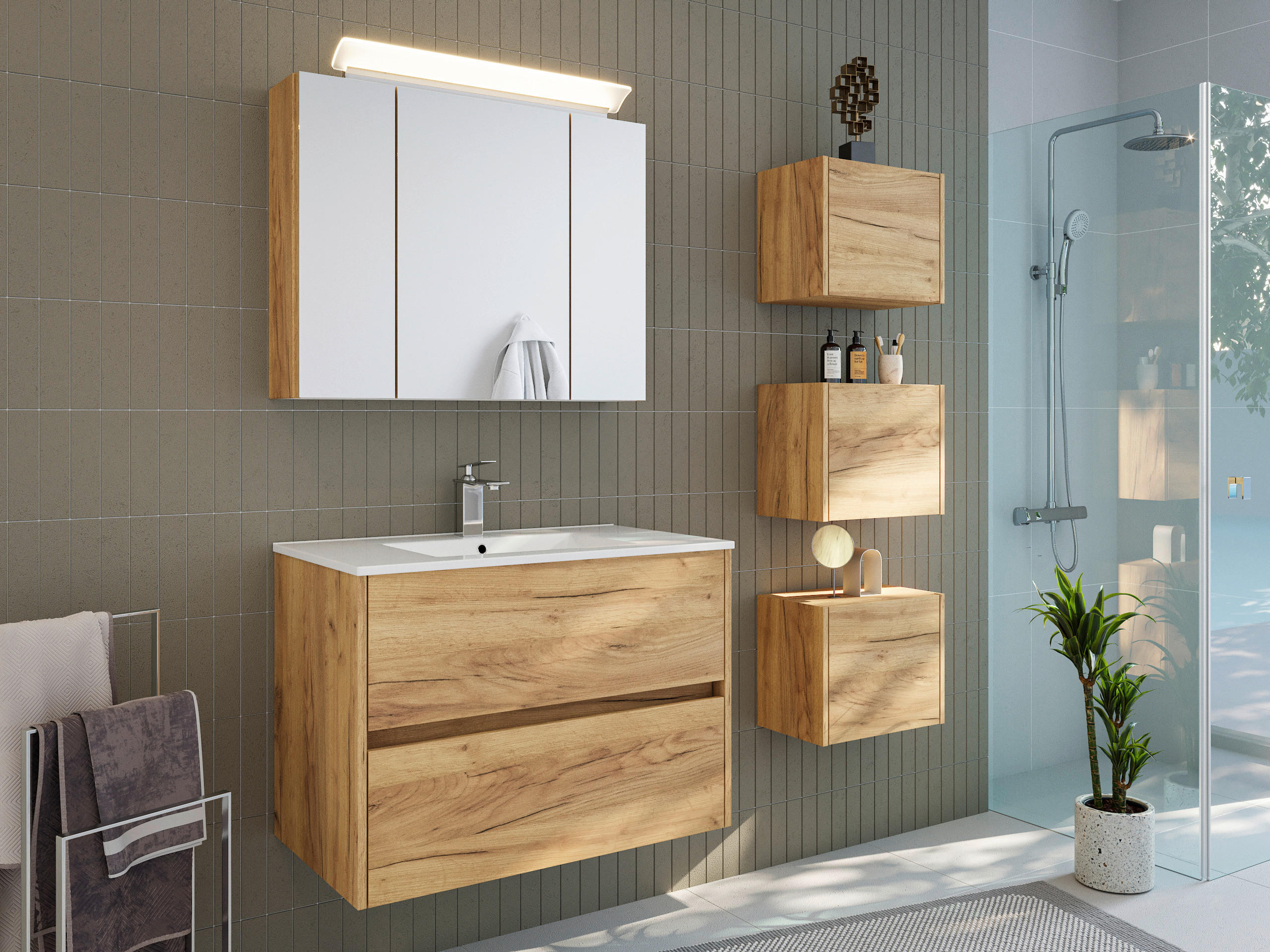 WASCHTISCHKOMBI 80 cm  - Eichefarben/Weiß, MODERN, Keramik/Holzwerkstoff (80cm) - MID.YOU