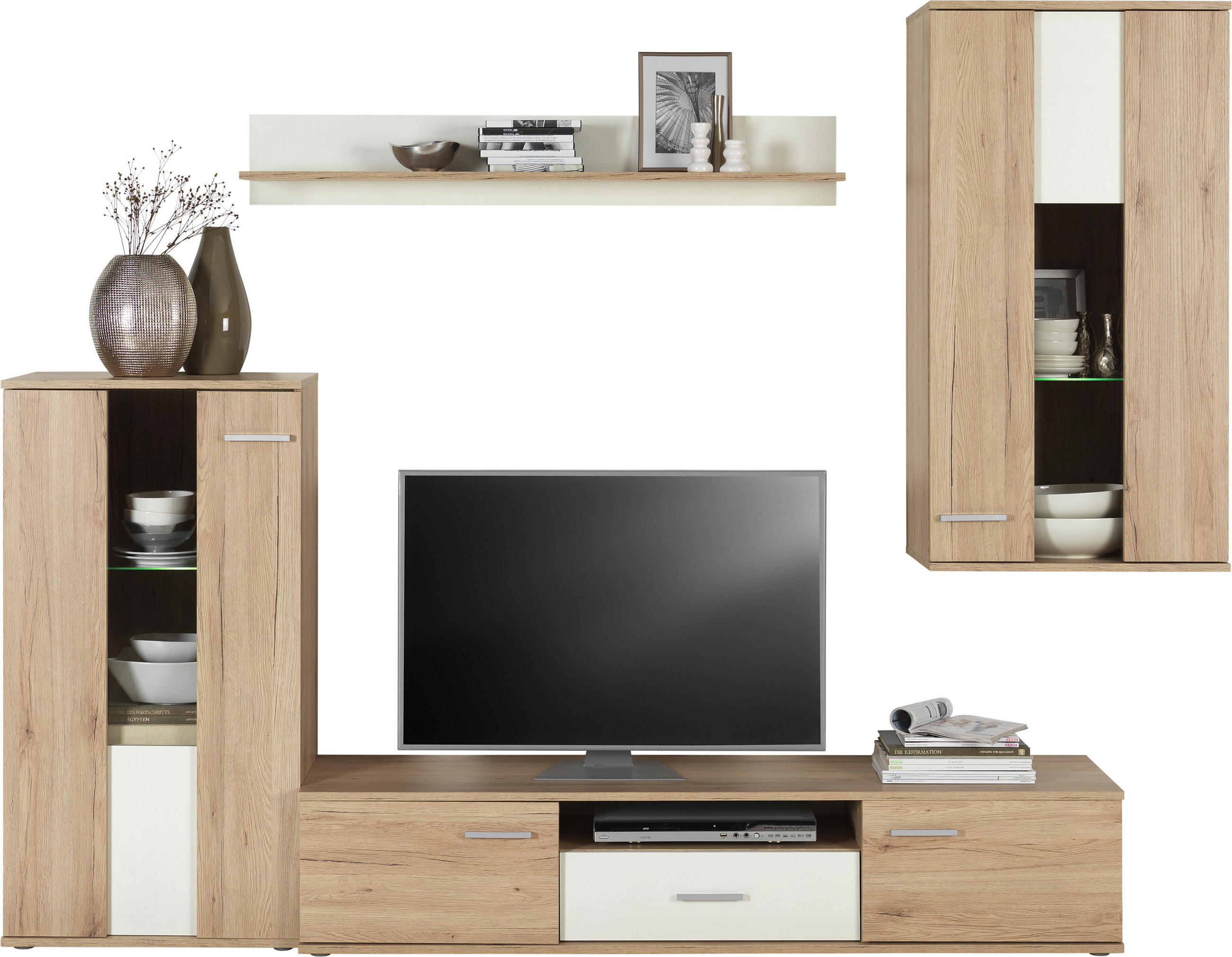 Wohnwand in Weiß, Eichefarben