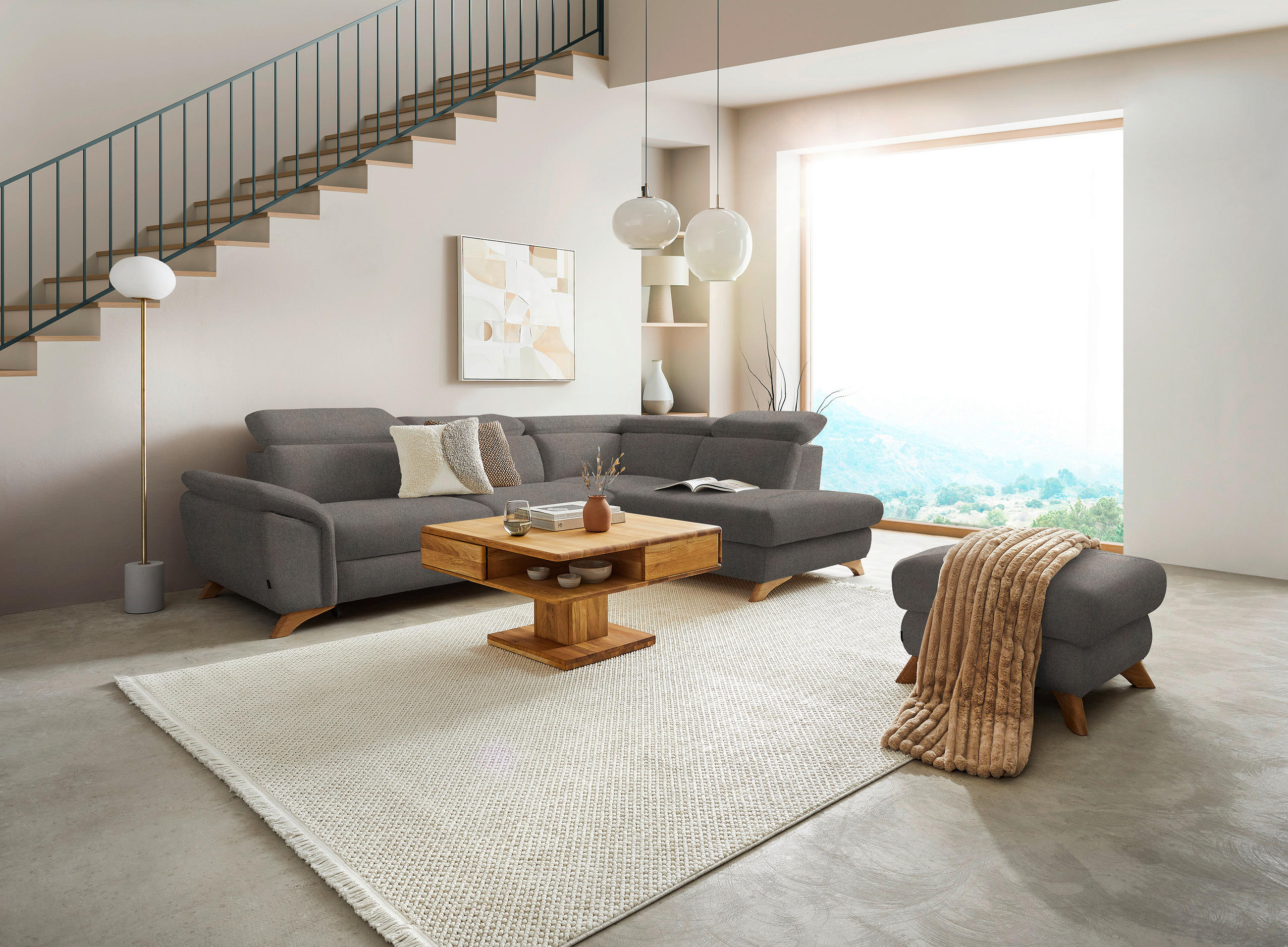 ECKSOFA in Flachgewebe Graubraun  - Eichefarben/Graubraun, Modern, Holz/Textil (287/212cm) - Valnatura