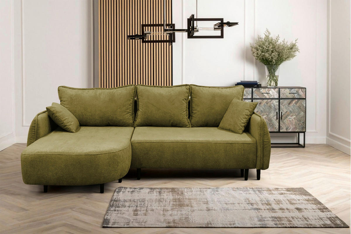 ECKSOFA MURANO Grün Chenille Zierkissen, Rückenkissen, Bettkasten  - Schwarz/Grün, Design, Holz/Textil (167/242cm) - MID.YOU