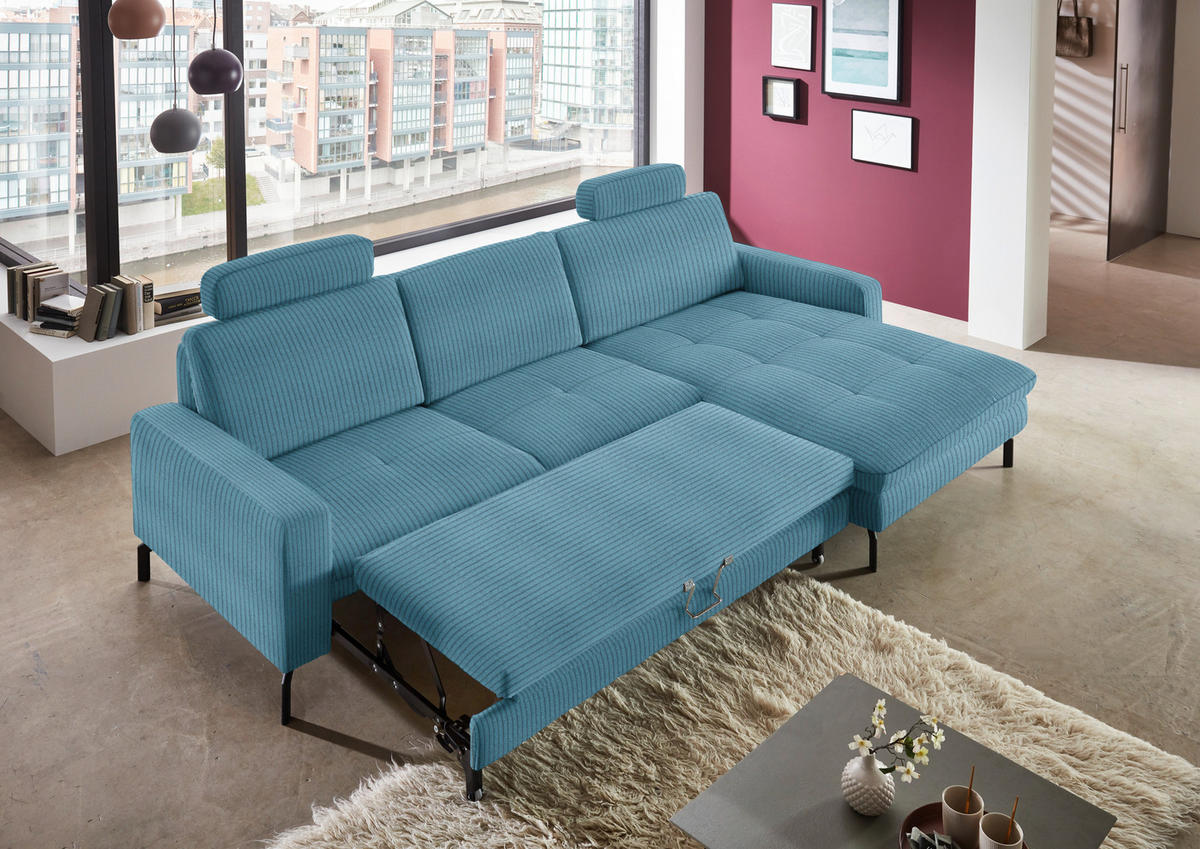 ECKSOFA in Cord Petrol  - Petrol/Schwarz, Design, Textil/Metall (302/178cm) - Beldomo Style