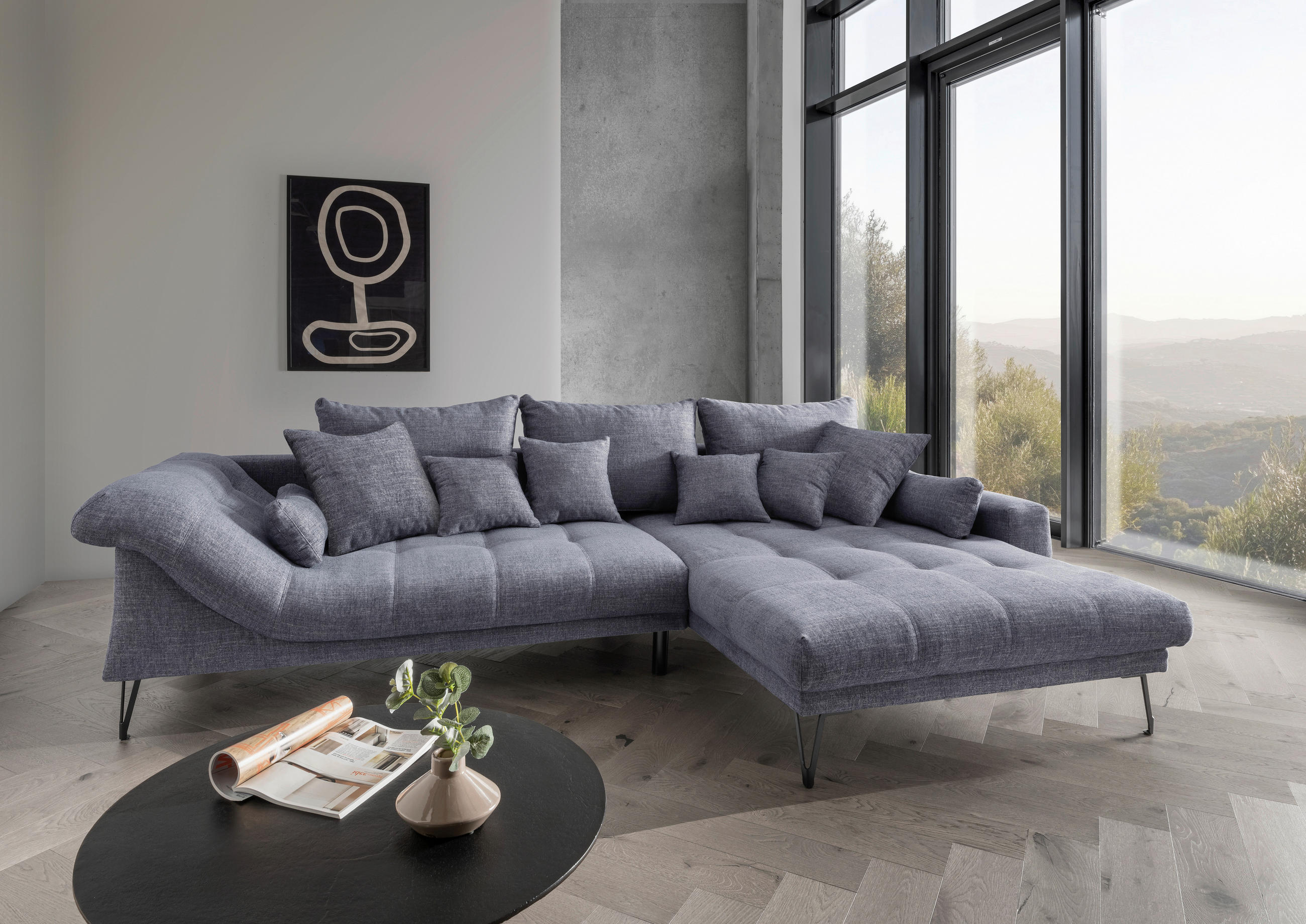 ECKSOFA in Mikrofaser Blau  - Blau/Schwarz, Konventionell, Textil/Metall (310/192cm) - Livetastic