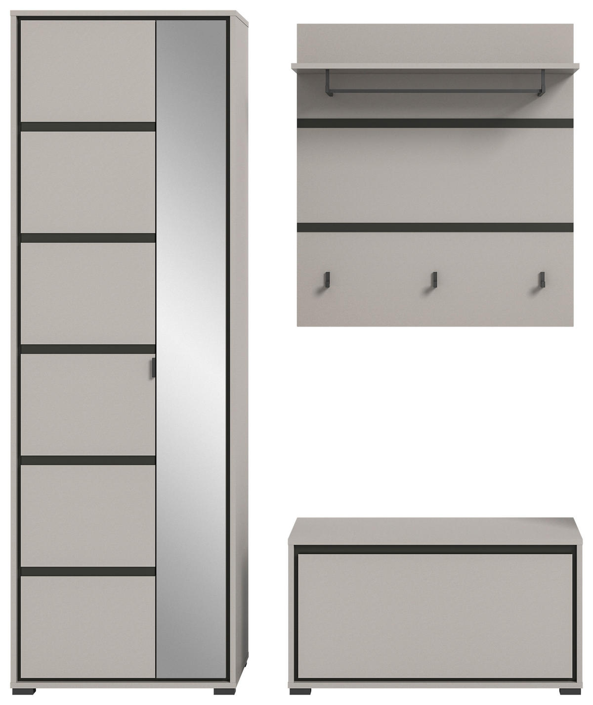 GARDEROBE 3-teilig  in 165/196/37 cm  - Schwarz/Grau, Design, Glas/Holzwerkstoff (165/196/37cm) - Xora