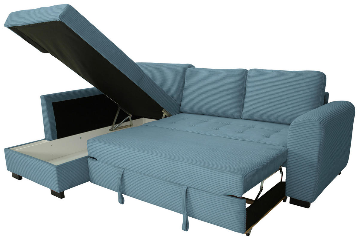 ECKSOFA JOHN Hellblau Cord Rückenkissen, Bettkasten, Liegefläche im Originalstoff  - Schwarz/Hellblau, Trend, Kunststoff/Textil (178/239cm) - P & B