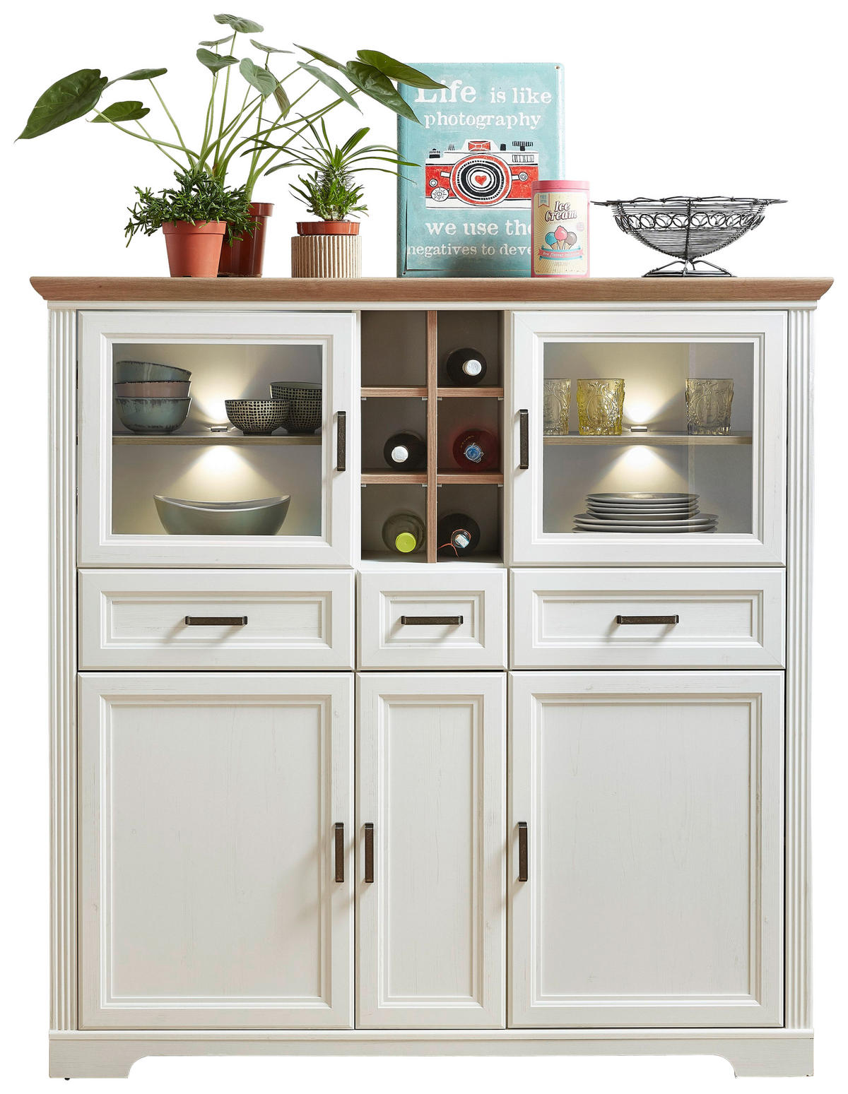 VYSOKÁ KOMODA, biela, farba duba, 143/150/42 cm - biela/farba duba, Romantik / Landhaus, kov/kompozitné drevo (143/150/42cm) - Livetastic