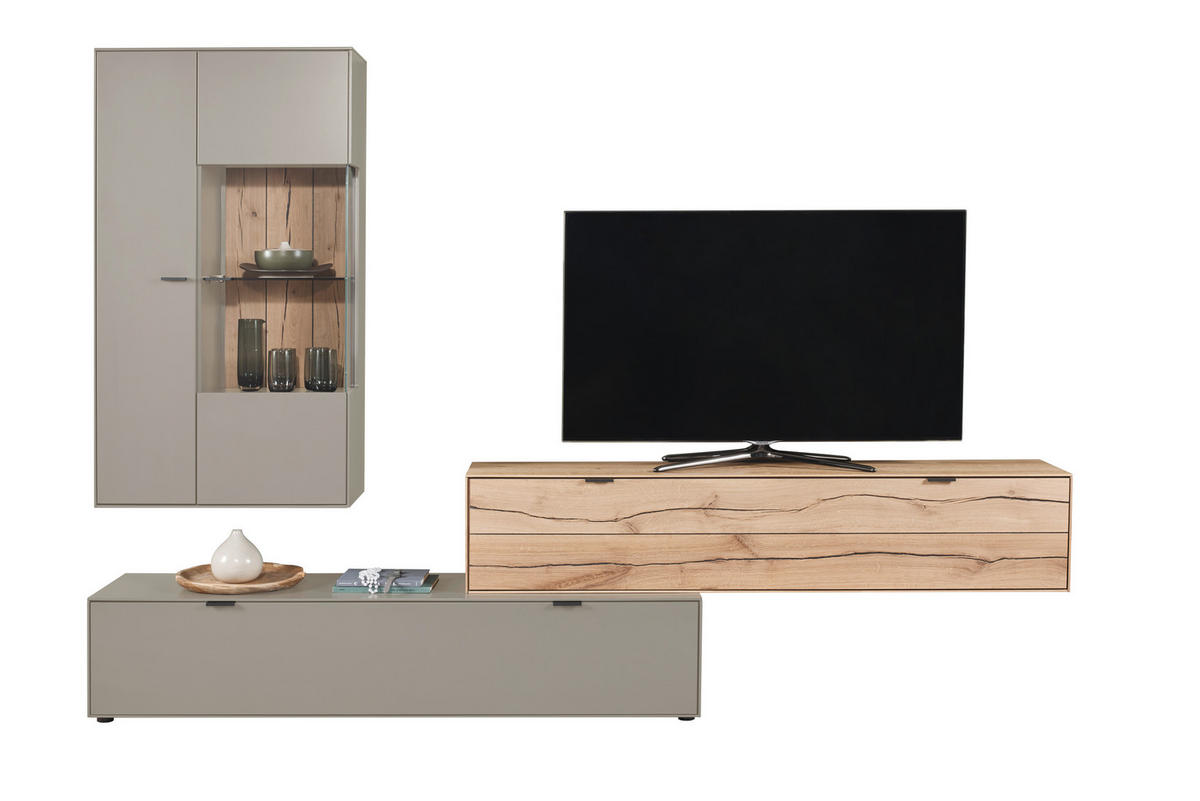 WOHNWAND 3-teilig  in Hellgrau, Wildeiche  293,5/205,5/45,2 cm  - Wildeiche/Hellgrau, Design, Glas/Holz (293,5/205,5/45,2cm) - Dieter Knoll