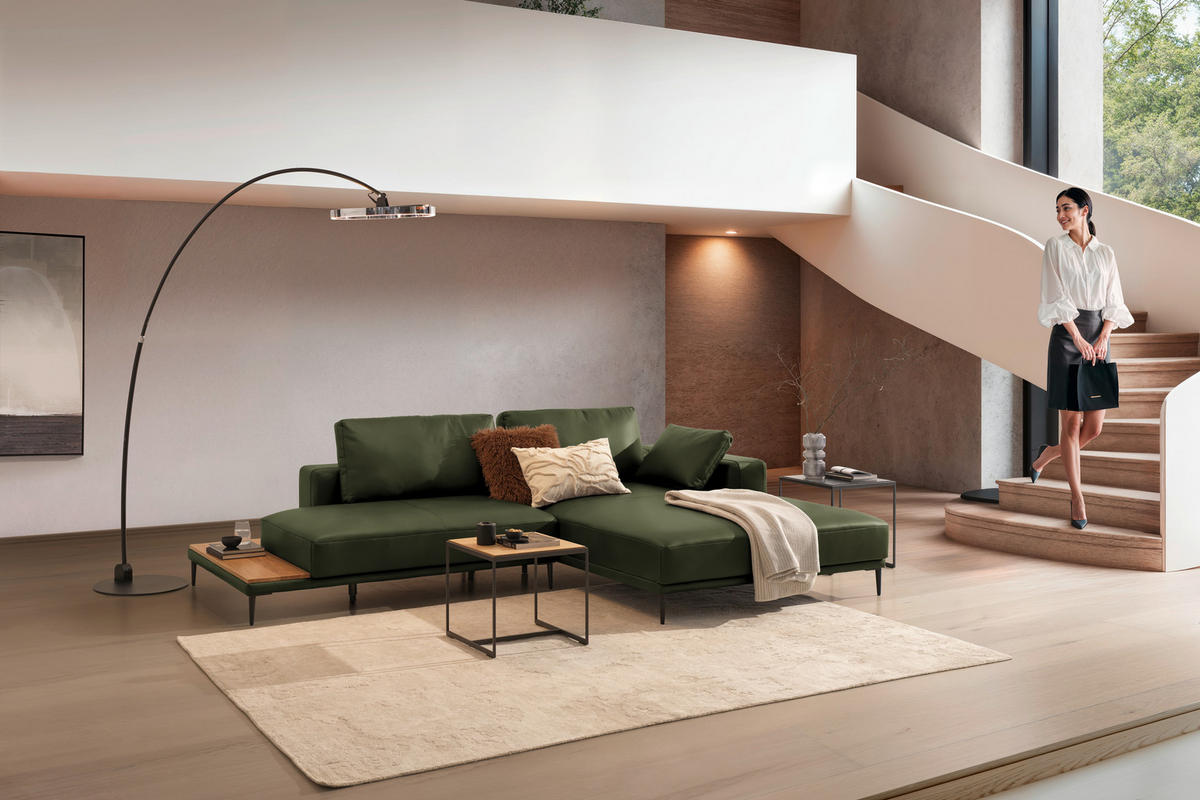 ECKSOFA Echtleder Grün  - Schwarz/Grün, Design, Leder/Metall (304/201cm) - Belluti