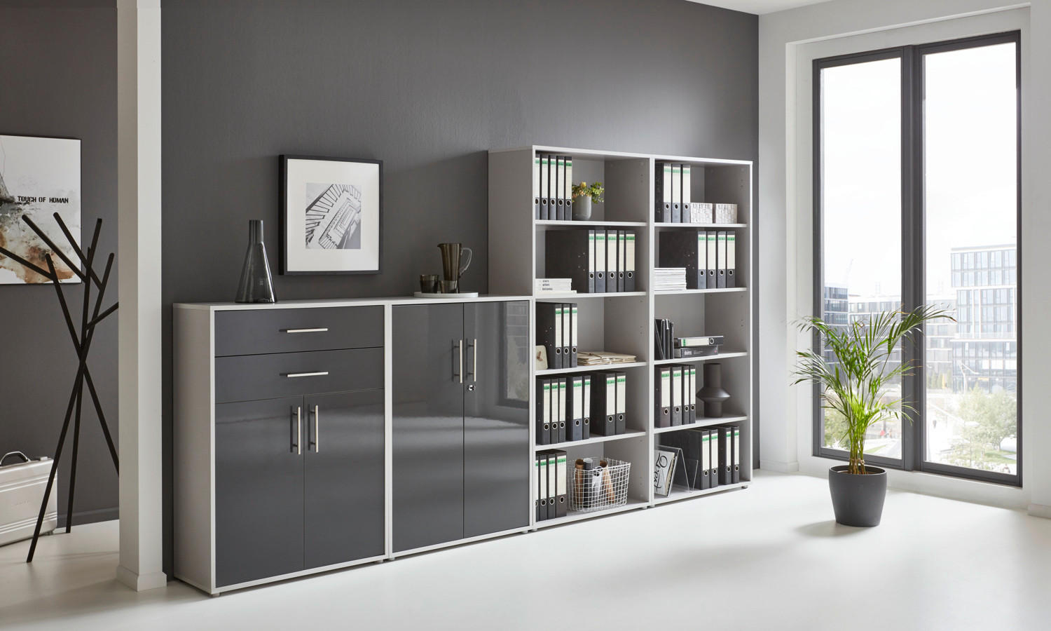 AKTENSCHRANK Grau, Anthrazit Hochglanz  - Anthrazit Hochglanz/Grau, MODERN, Holzwerkstoff (337,6/185,6/33cm) - MID.YOU