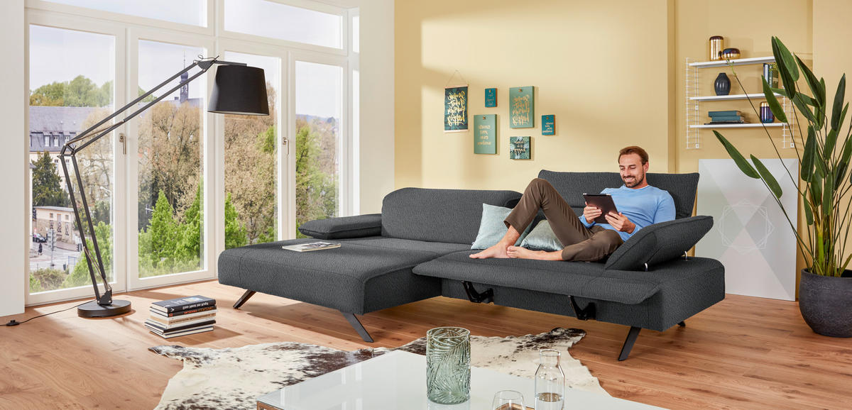 ECKSOFA in Flachgewebe Grau  - Anthrazit/Grau, Design, Textil/Metall (166/280cm) - Johann Jakob