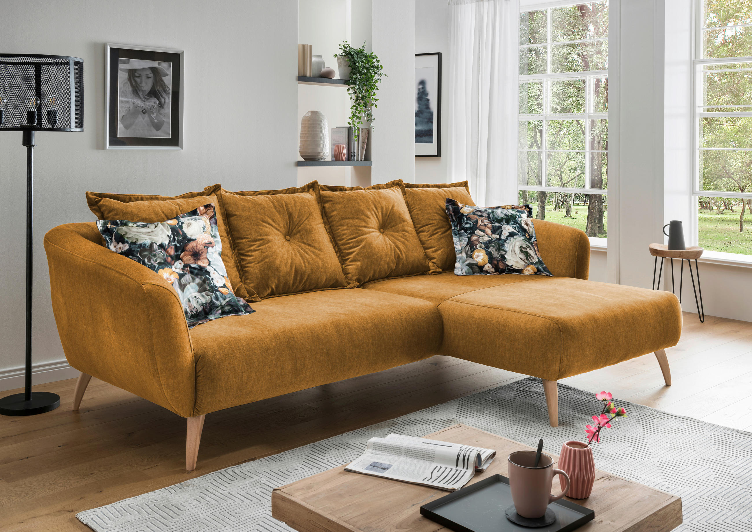 ECKSOFA Gelb, Multicolor Velours  - Gelb/Buchefarben, MODERN, Holz/Textil (277/162cm) - Livetastic