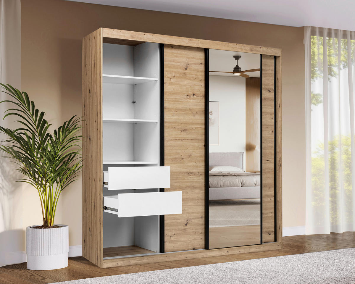 SCHIEBETÜRENSCHRANK 200/215/59,5 cm 3-türig Eiche Artisan  - Schwarz/Eiche Artisan, MODERN, Holzwerkstoff/Metall (200/215/59,5cm) - MID.YOU