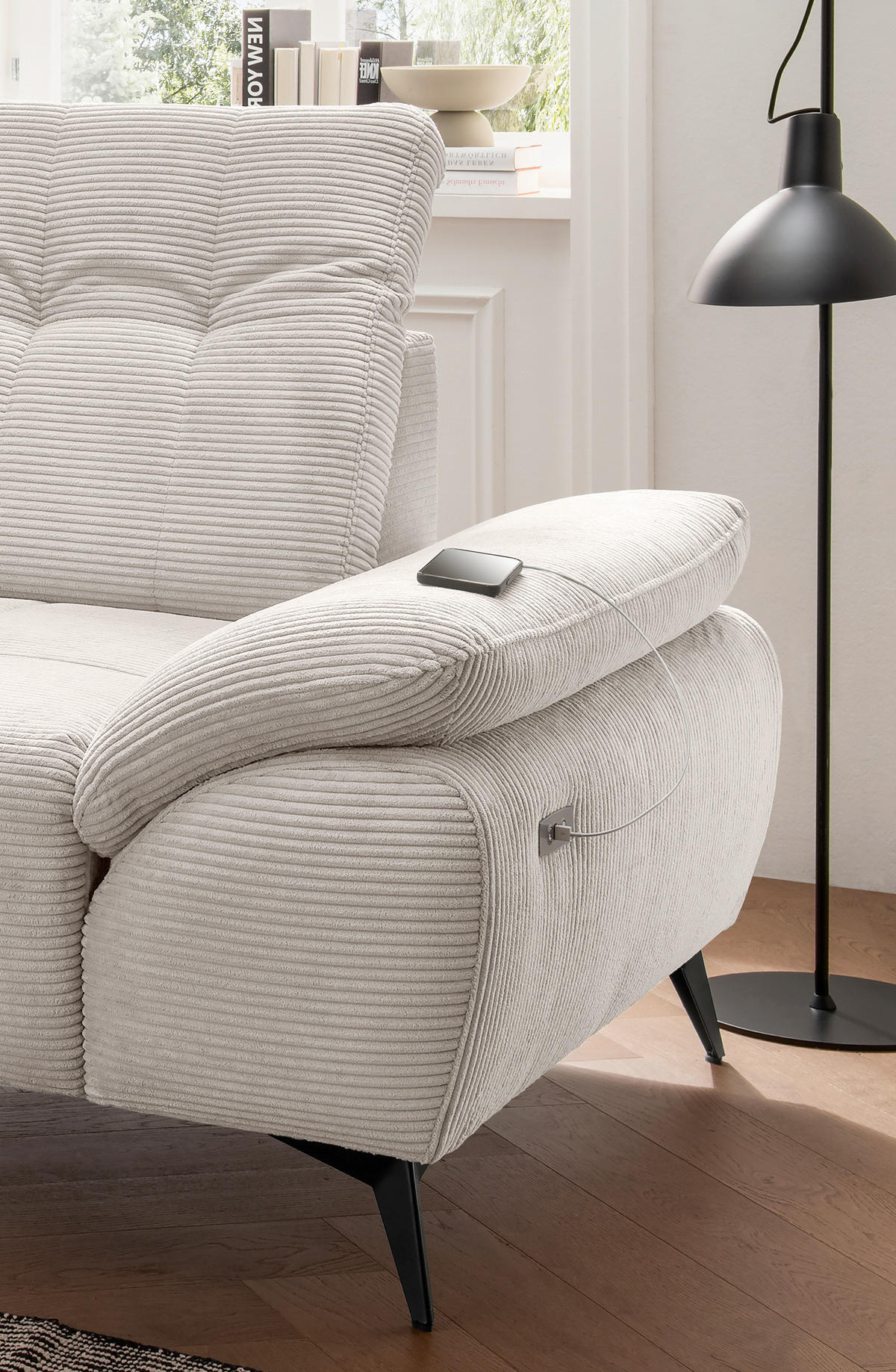 ECKSOFA FIORE in Cord Beige Kopfteilverstellung, Sitzvorzug  180/280 cm  - Beige/Schwarz, MODERN, Textil/Metall (180/280cm) - Livetastic