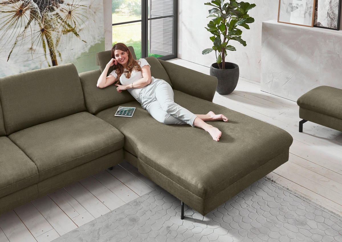 ECKSOFA in Velours Olivgrün  - Schwarz/Olivgrün, Design, Textil/Metall (306/179cm) - Beldomo System