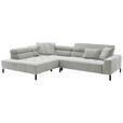 ECKSOFA Hellgrau Feincord Rücken echt, Kopfteilverstellung, Sitzvorzug  - Hellgrau/Schwarz, KONVENTIONELL, Textil/Metall (219/311cm) - Hom`in