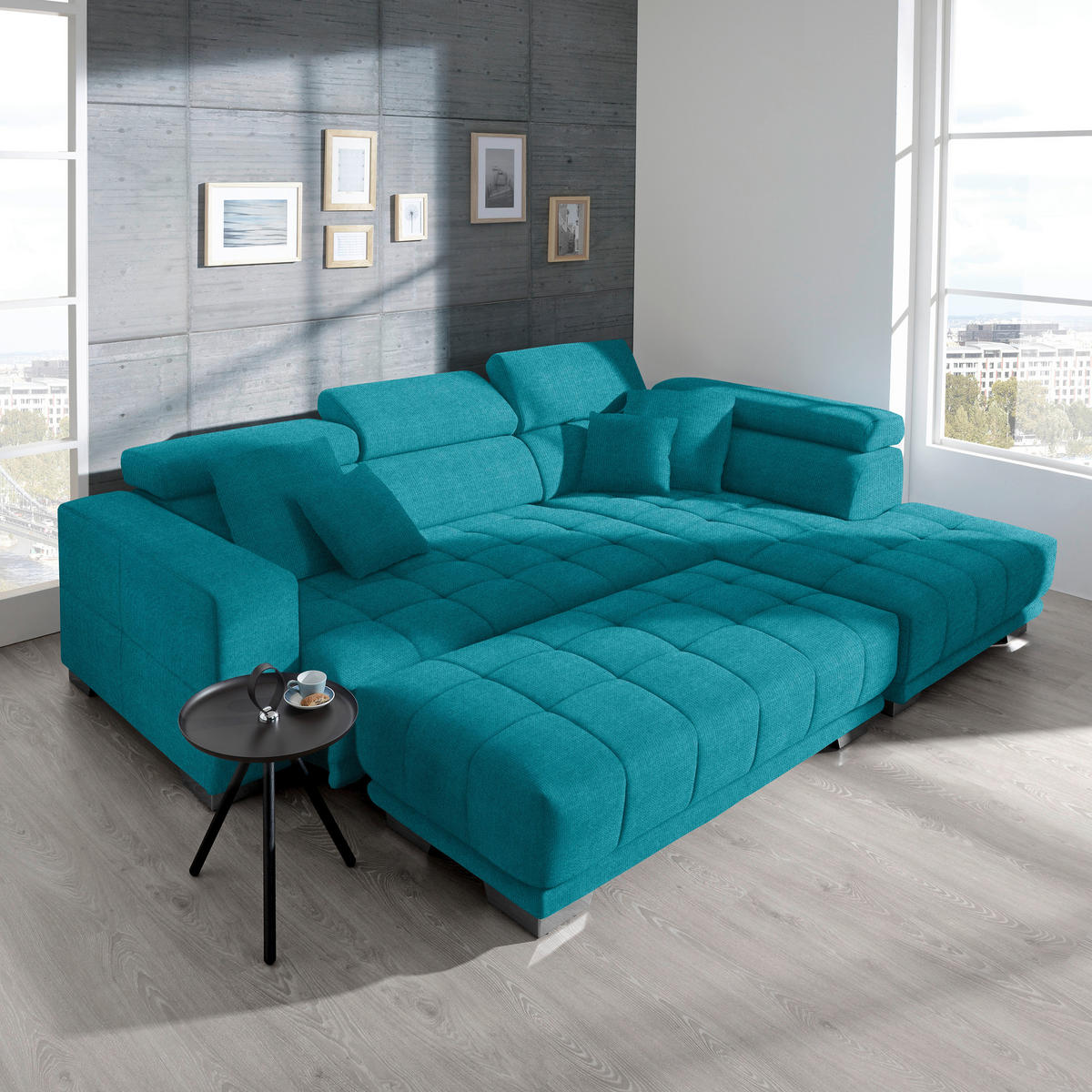 ECKSOFA in Mikrofaser Türkis  - Türkis/Chromfarben, Design, Textil/Metall (301/207cm) - Xora