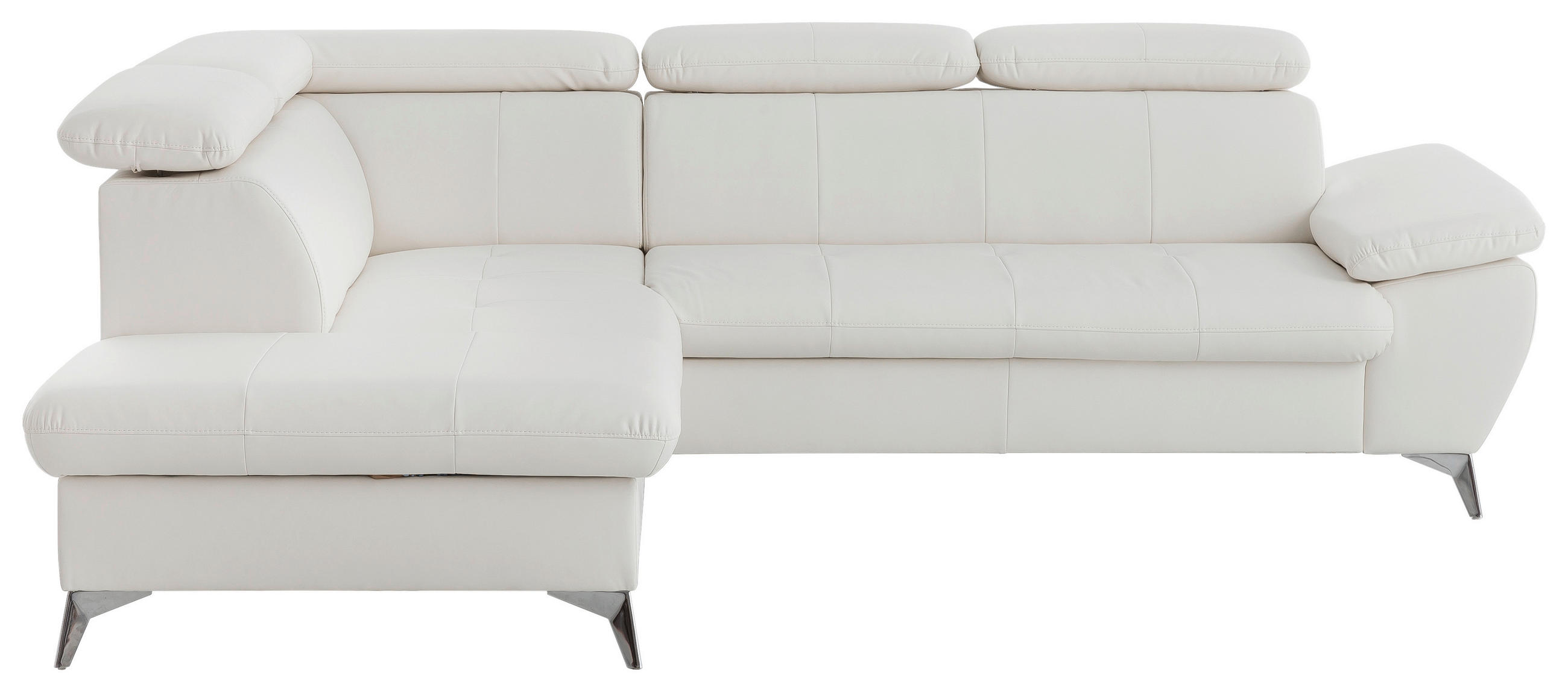 ECKSOFA Weiß Lederlook Bettkasten, Schlaffunktion, Armteilverstellung, Kopfteilverstellung  - Chromfarben/Weiß, KONVENTIONELL, Textil/Metall (209/256cm) - Livetastic
