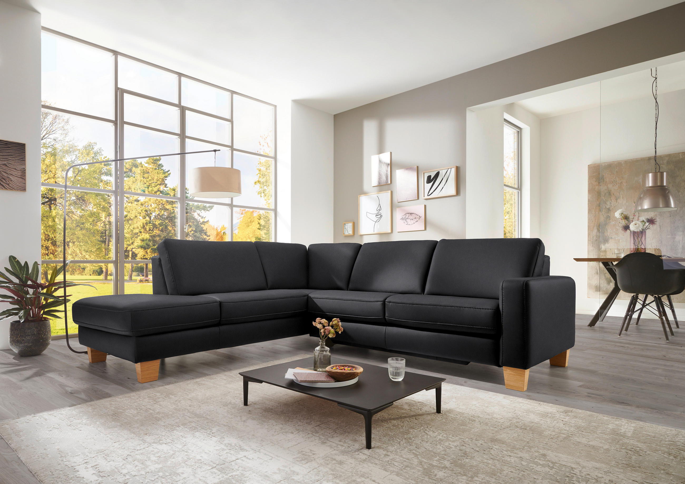 ECKSOFA in Echtleder Anthrazit  - Eiche Bianco/Anthrazit, Konventionell, Leder/Holz (235/257cm) - Valdera