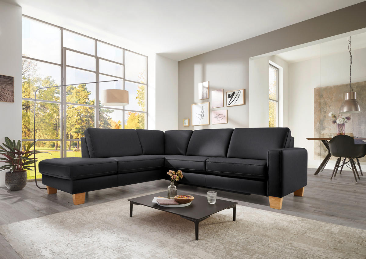 ECKSOFA in Echtleder Anthrazit  - Eiche Bianco/Anthrazit, Konventionell, Leder/Holz (235/257cm) - Valdera